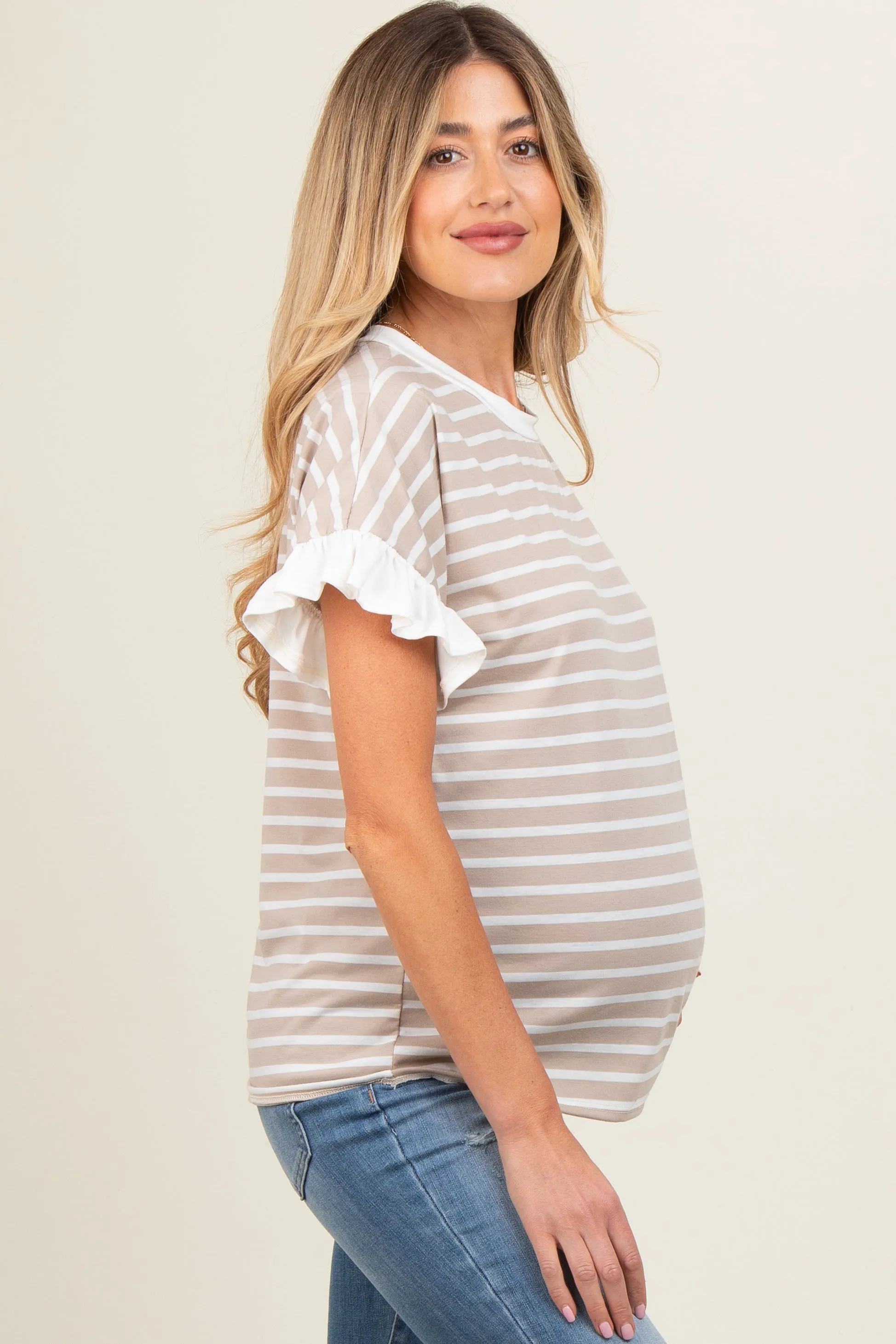 Taupe Striped Ruffle Sleeve Maternity Top sold by Pinkblush product image thumbnail 3