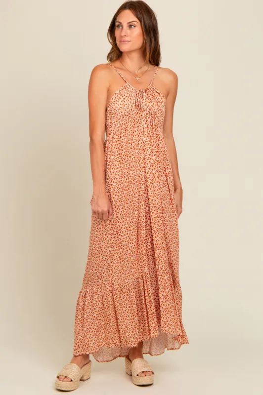 Beige Floral Tie Front Maxi Dress sold by Pinkblush