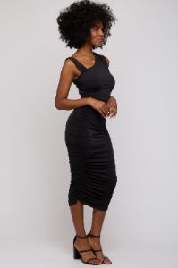 Black Asymmetrical Ruched Midi Dress sold by Pinkblush