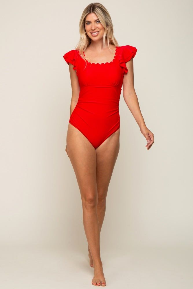 Red Scalloped Neck Ruffle Shoulder One-Piece Swimsuit sold by Pinkblush product image thumbnail 4