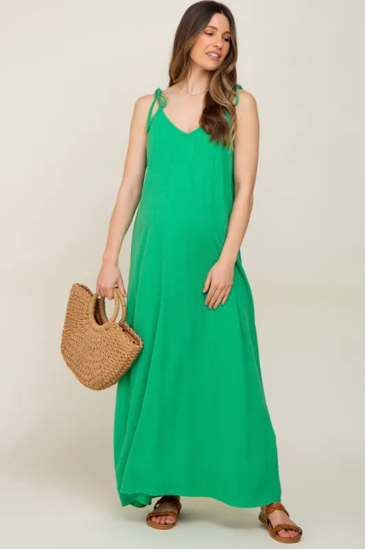 Green Linen V-Neck Tie Strap Maternity Maxi Dress sold by Pinkblush