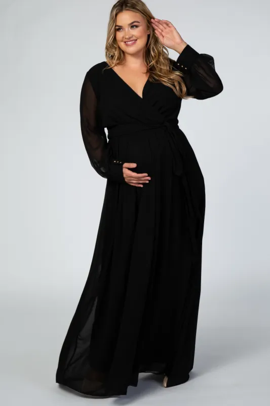 Black Chiffon Long Sleeve Pleated Plus Maternity Maxi Dress sold by Pinkblush