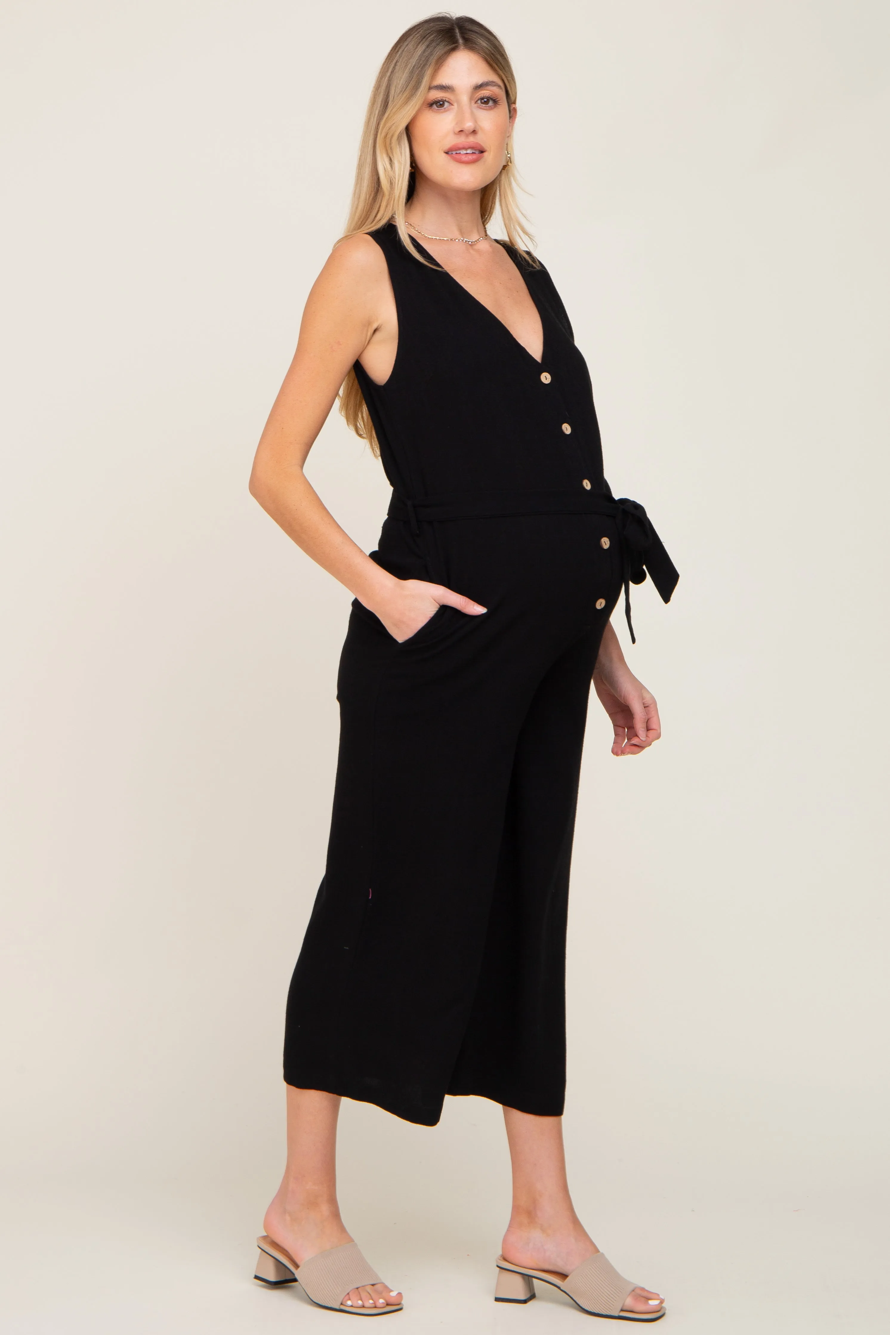Black Sleeveless Button Front Maternity Cropped Jumpsuit sold by Pinkblush product image thumbnail 2