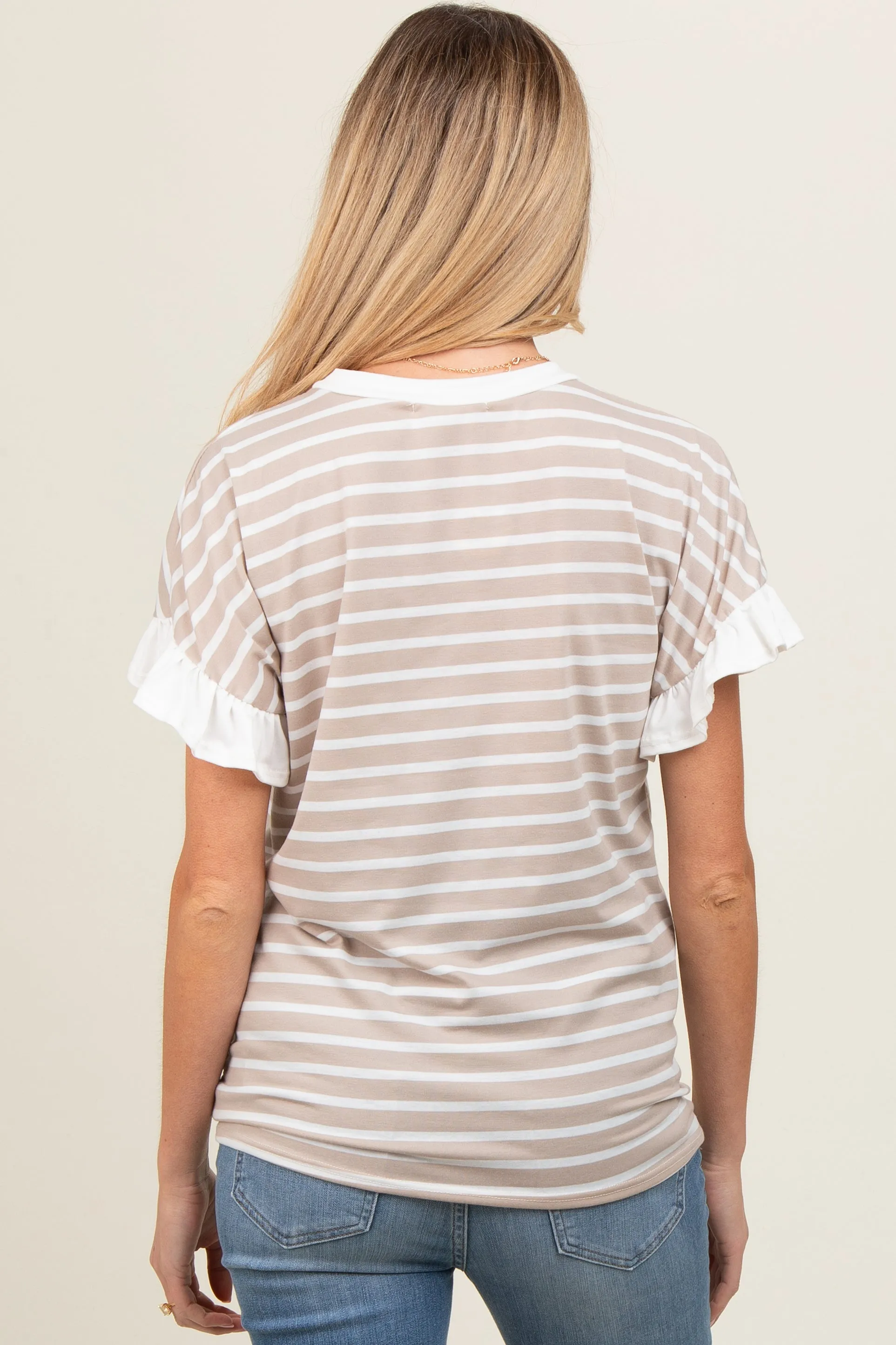 Taupe Striped Ruffle Sleeve Maternity Top sold by Pinkblush product image thumbnail 4