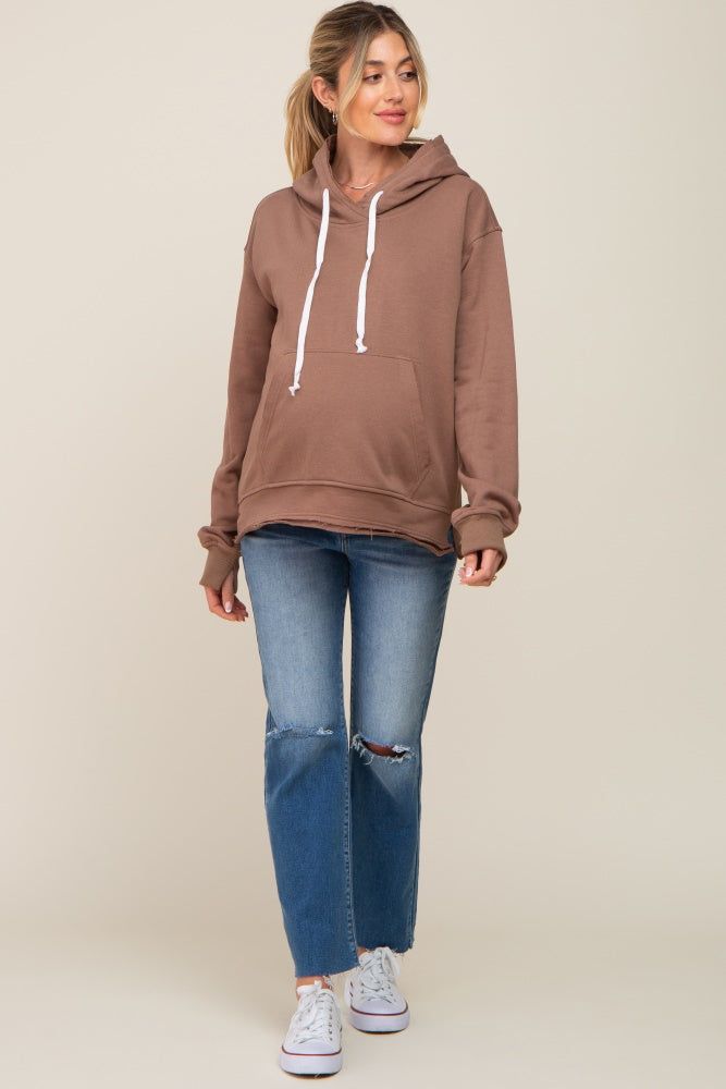 Mocha Raw Edge Trim Maternity Drawstring Hoodie sold by Pinkblush product image thumbnail 4