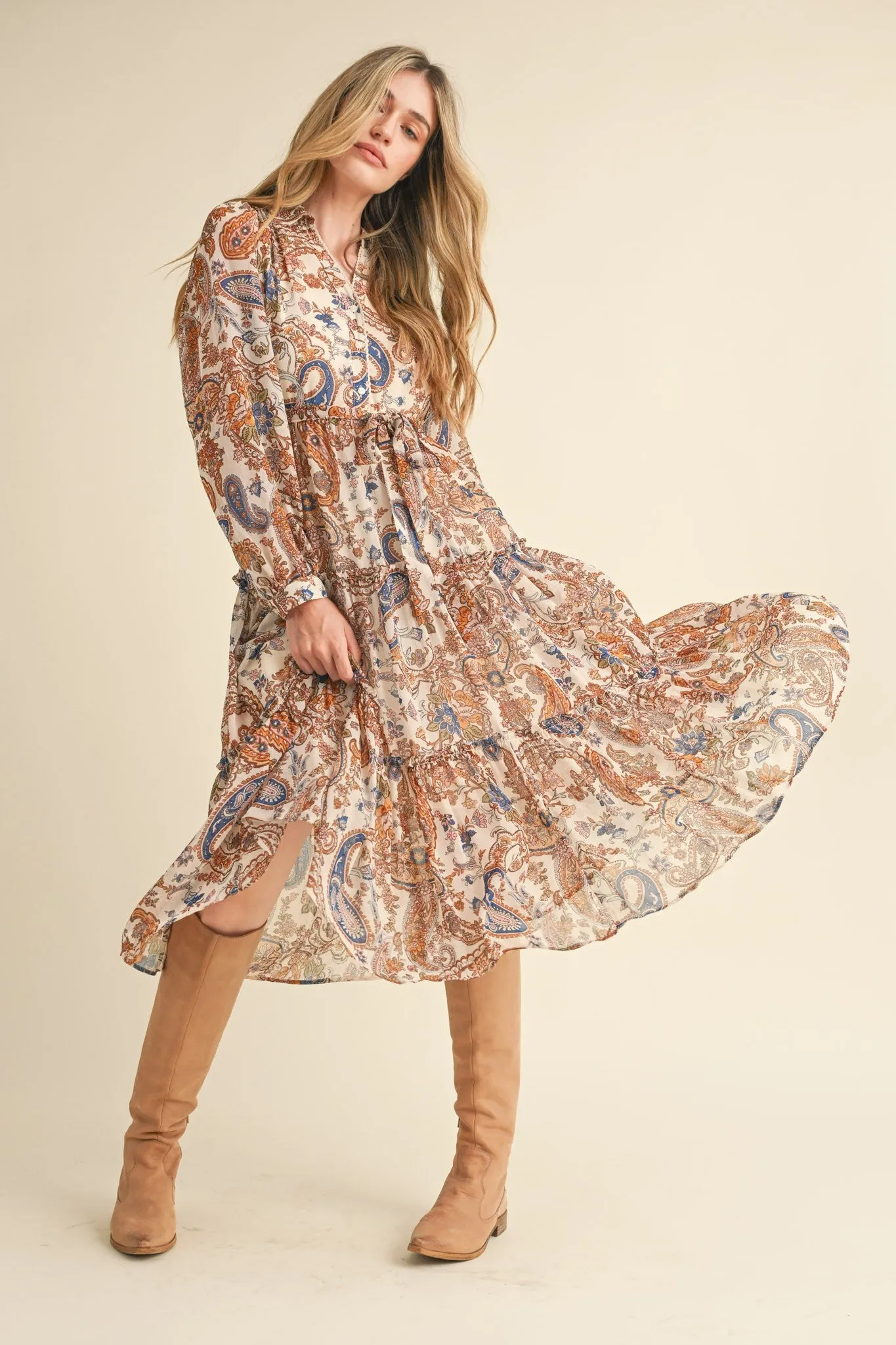 Cream Paisley Print Button Down Midi Dress sold by Pinkblush