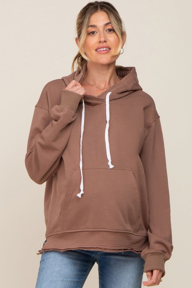 Mocha Raw Edge Trim Maternity Drawstring Hoodie sold by Pinkblush