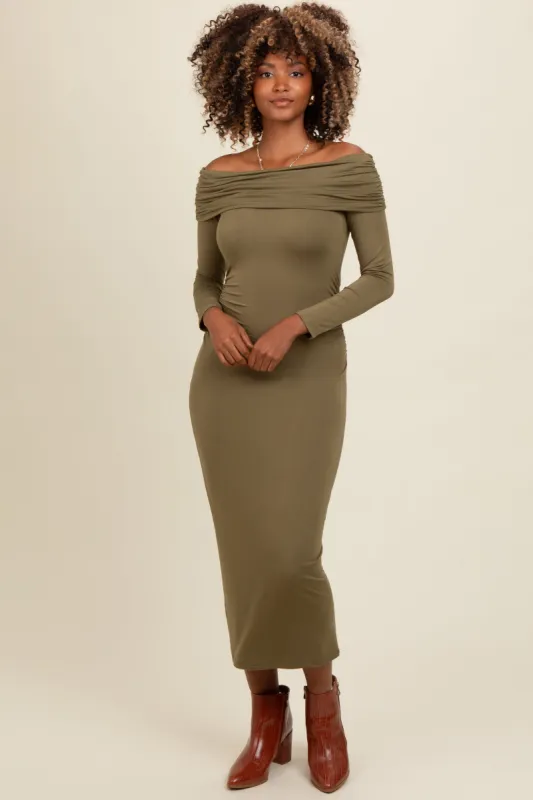 Olive Foldover Off Shoulder Long Sleeve Midi Dress sold by Pinkblush