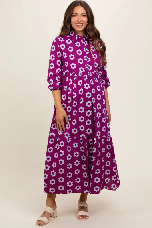 Purple Floral 3/4 Sleeve Collared Maternity Maxi Dress sold by Pinkblush