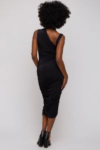 Black Asymmetrical Ruched Midi Dress sold by Pinkblush