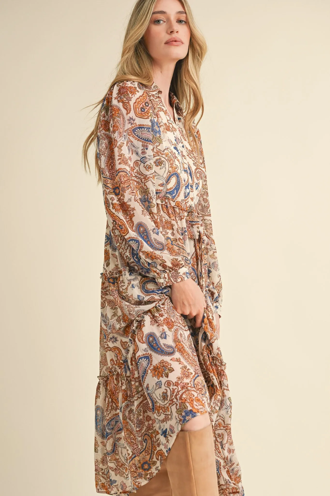 Cream Paisley Print Button Down Midi Dress sold by Pinkblush product image thumbnail 5