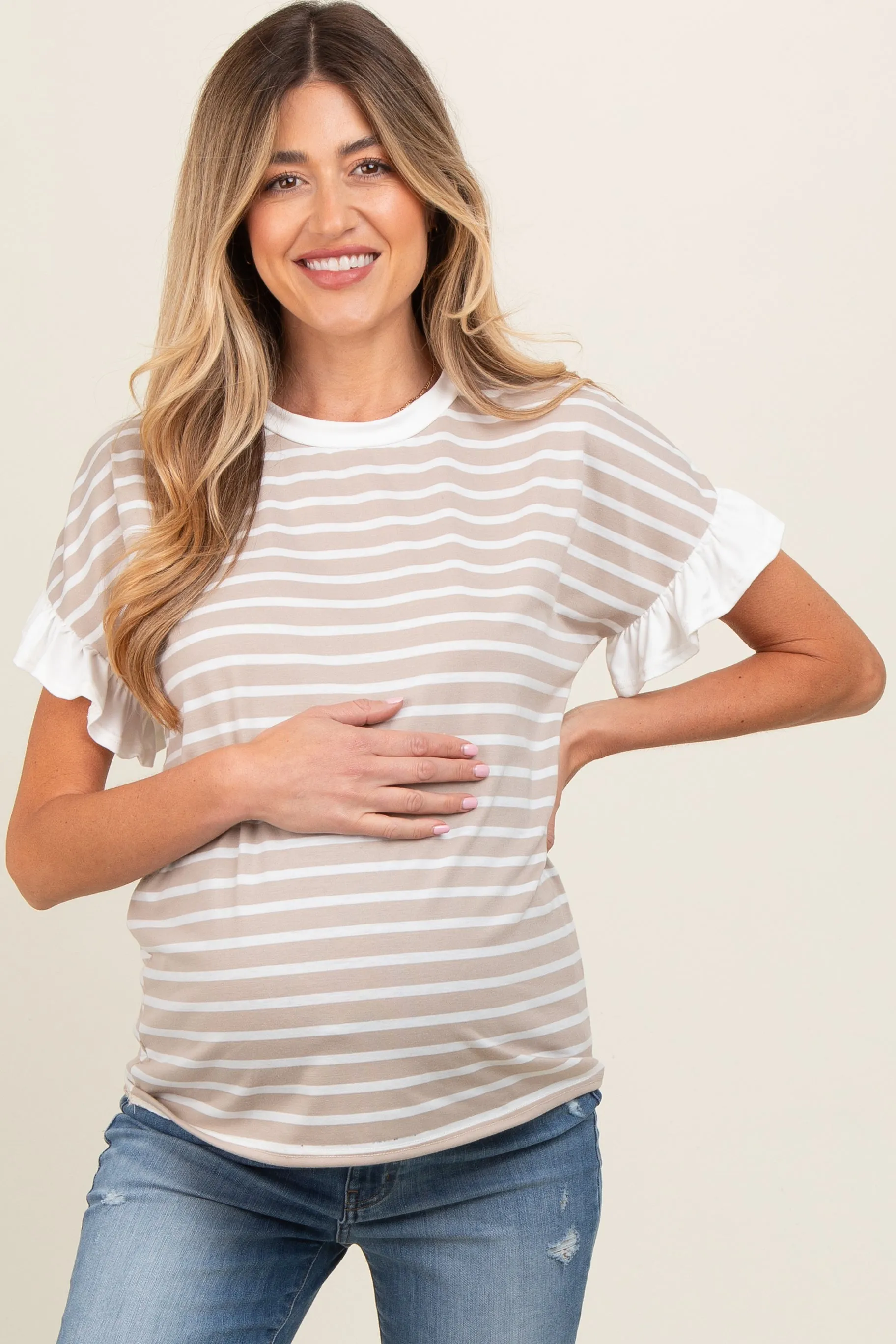 Taupe Striped Ruffle Sleeve Maternity Top sold by Pinkblush product image thumbnail 2