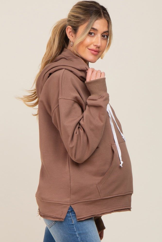 Mocha Raw Edge Trim Maternity Drawstring Hoodie sold by Pinkblush product image thumbnail 2
