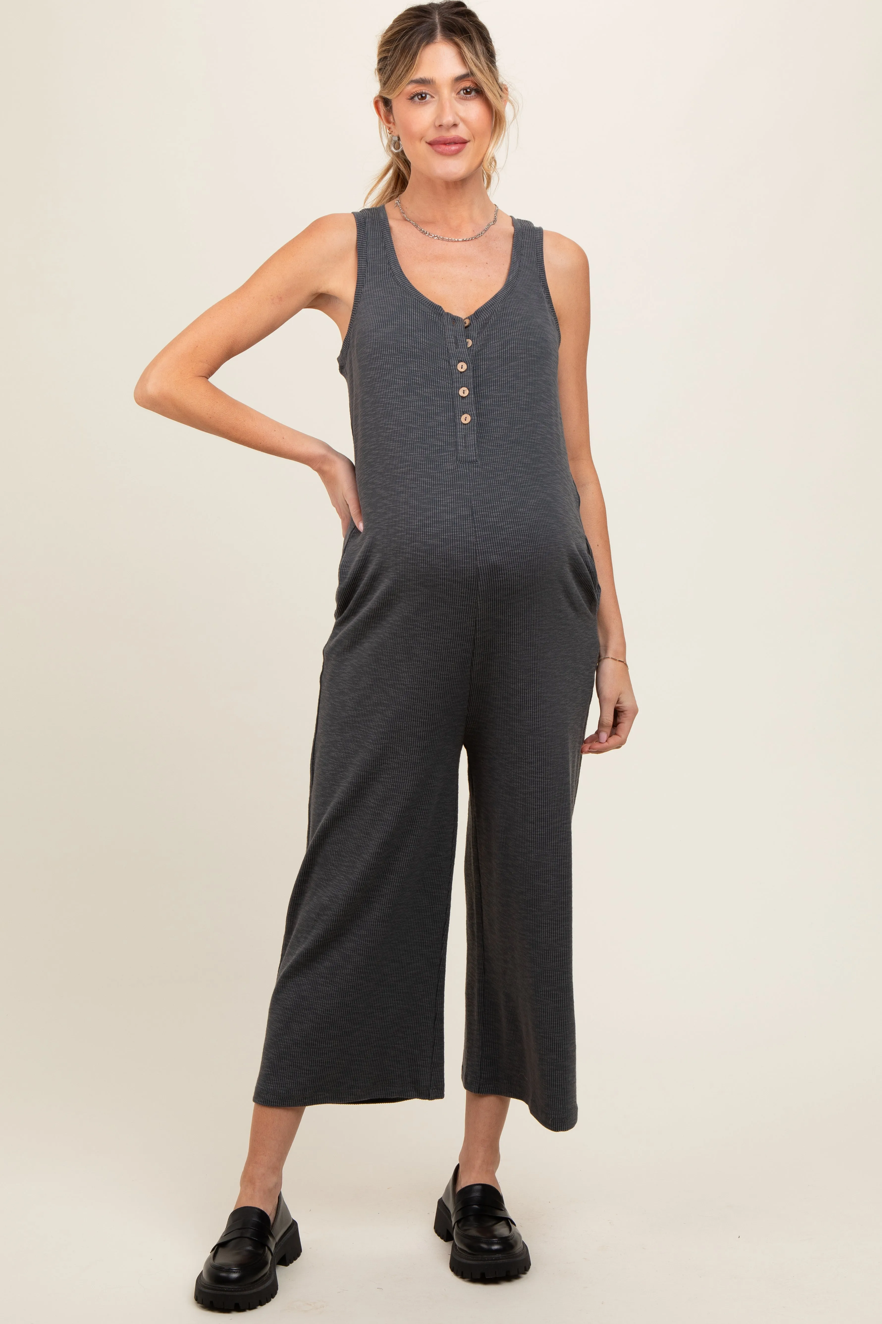 Charcoal Ribbed Button Front Sleeveless Maternity Jumpsuit sold by Pinkblush