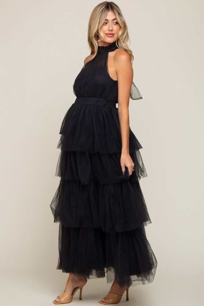 Black Tulle Halter Ruffle Tiered Maternity Midi Dress sold by Pinkblush product image thumbnail 2