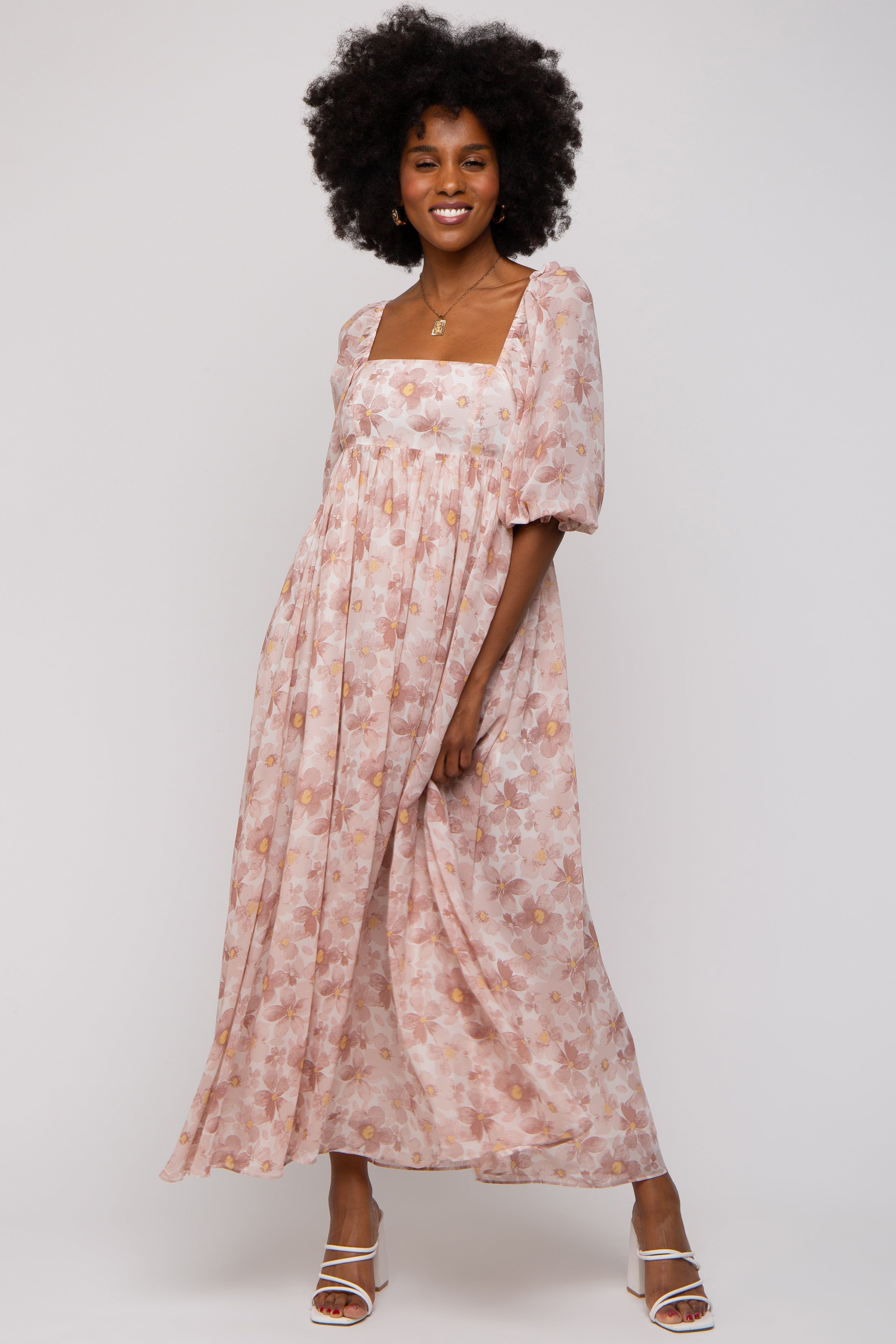 Ivory Floral Chiffon Square Neck Midi Dress sold by Pinkblush product image thumbnail 4