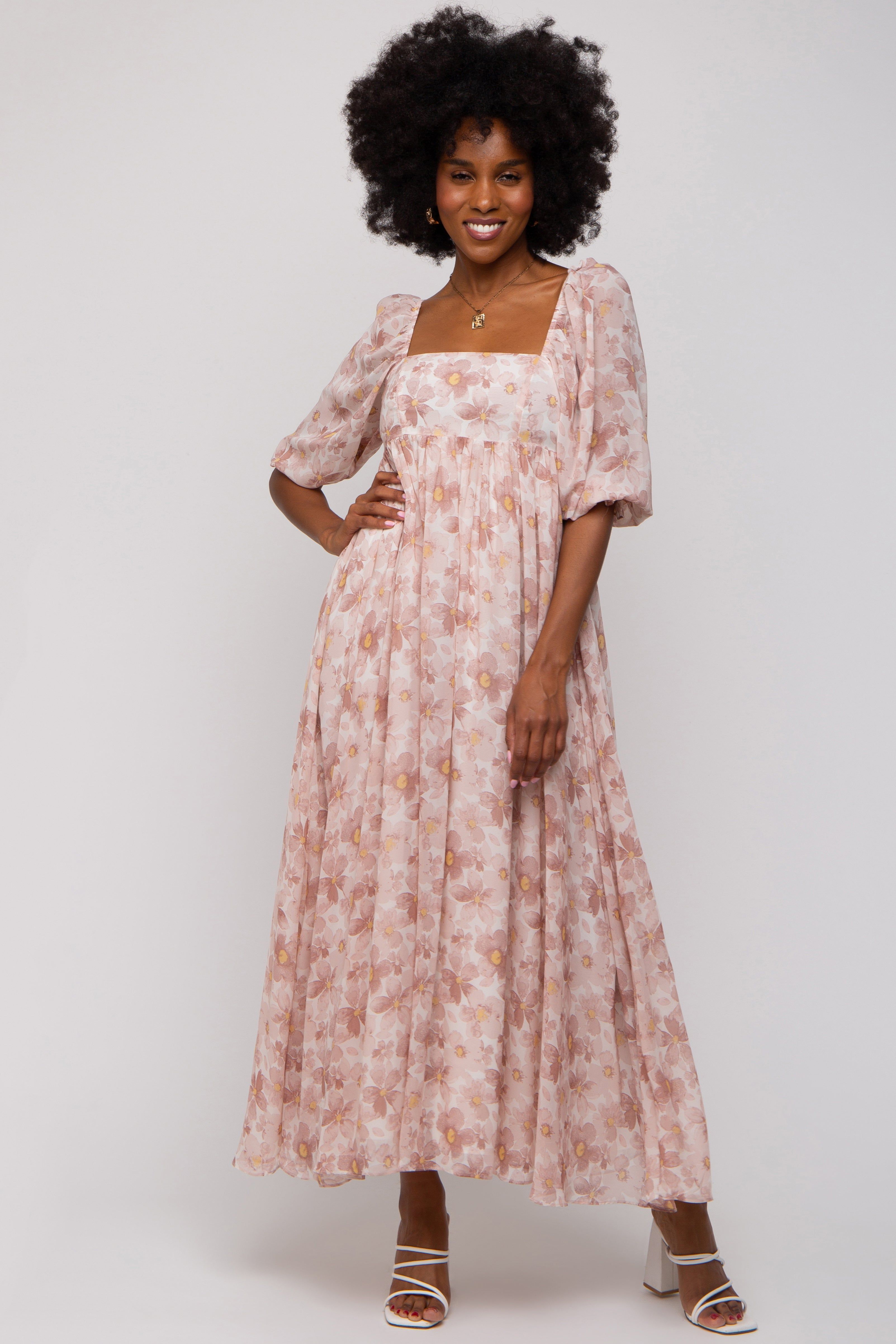 Ivory Floral Chiffon Square Neck Midi Dress sold by Pinkblush