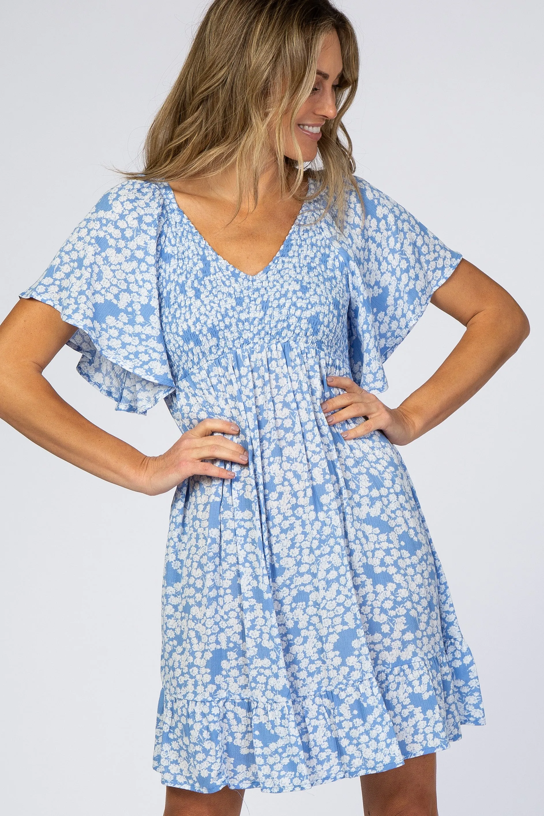 Blue Floral Smocked Ruffle Dress sold by Pinkblush product image thumbnail 4