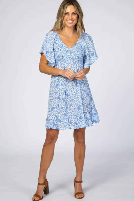 Blue Floral Smocked Ruffle Dress sold by Pinkblush
