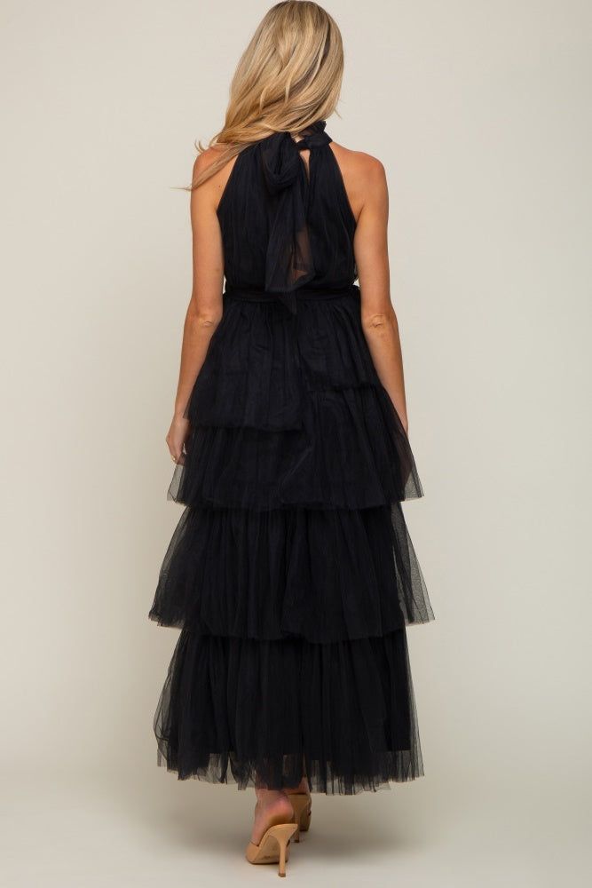 Black Tulle Halter Ruffle Tiered Maternity Midi Dress sold by Pinkblush product image thumbnail 3