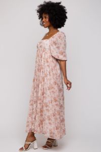 Ivory Floral Chiffon Square Neck Midi Dress sold by Pinkblush