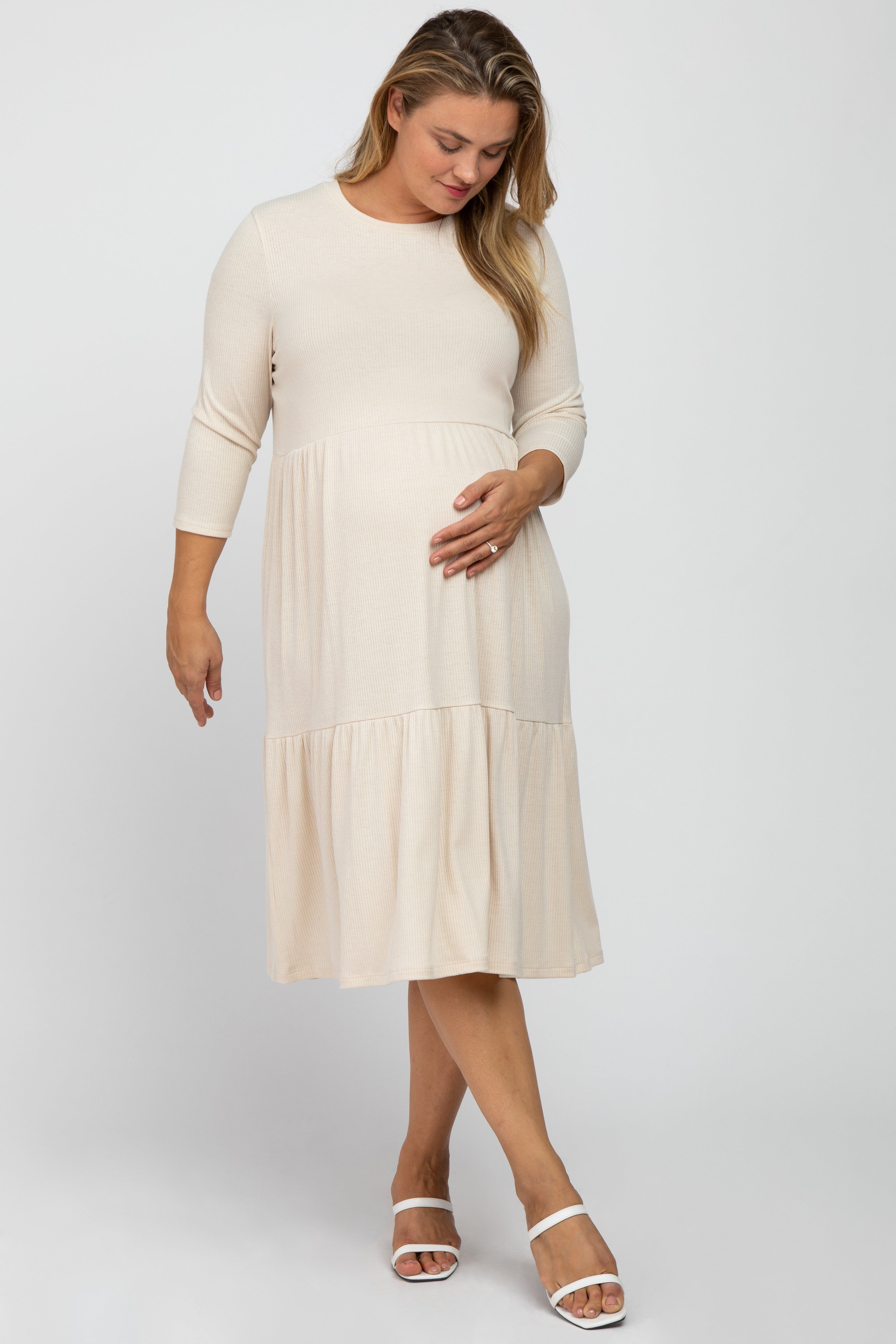 Beige Tiered Ribbed 3/4 Sleeve Plus Maternity Midi Dress sold by Pinkblush