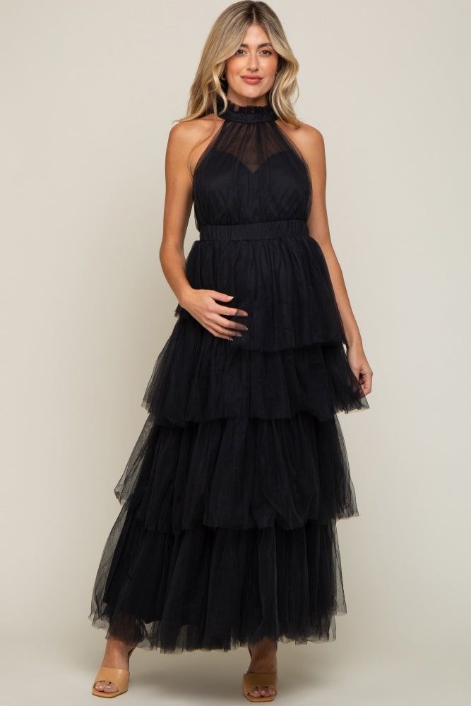Black Tulle Halter Ruffle Tiered Maternity Midi Dress sold by Pinkblush product image thumbnail 4