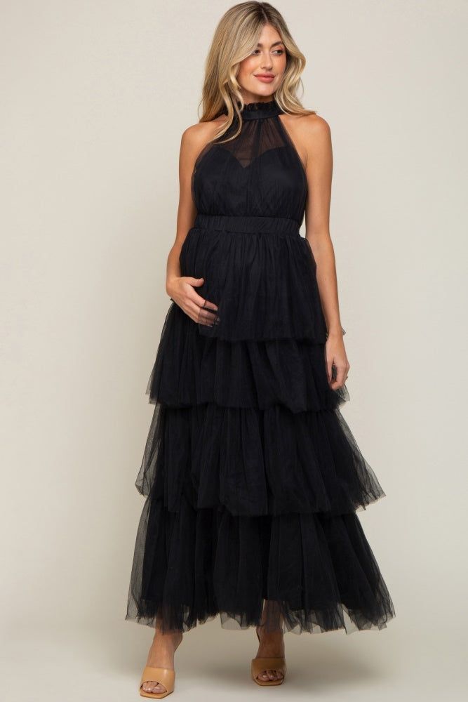 Black Tulle Halter Ruffle Tiered Maternity Midi Dress sold by Pinkblush