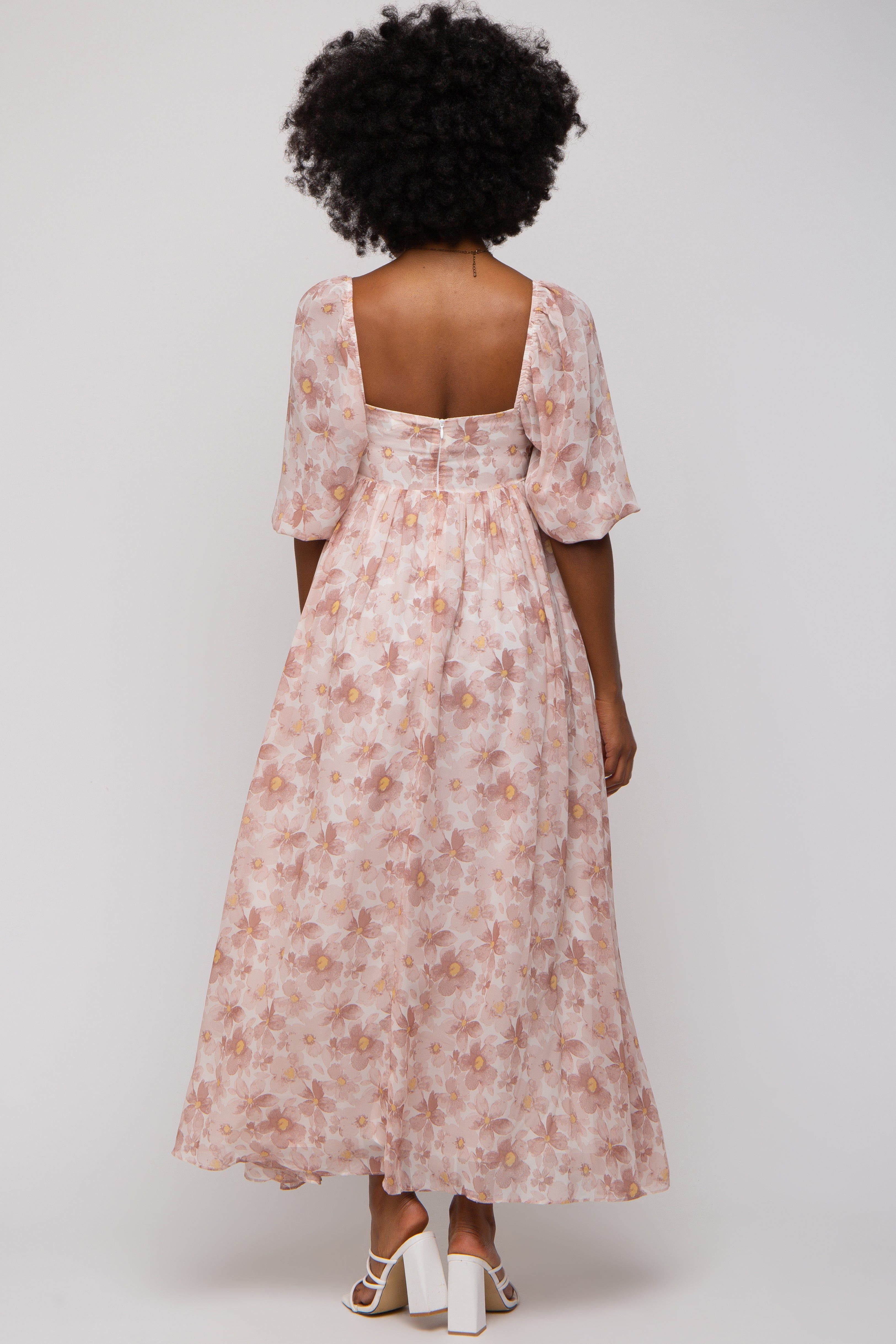 Ivory Floral Chiffon Square Neck Midi Dress sold by Pinkblush product image thumbnail 3