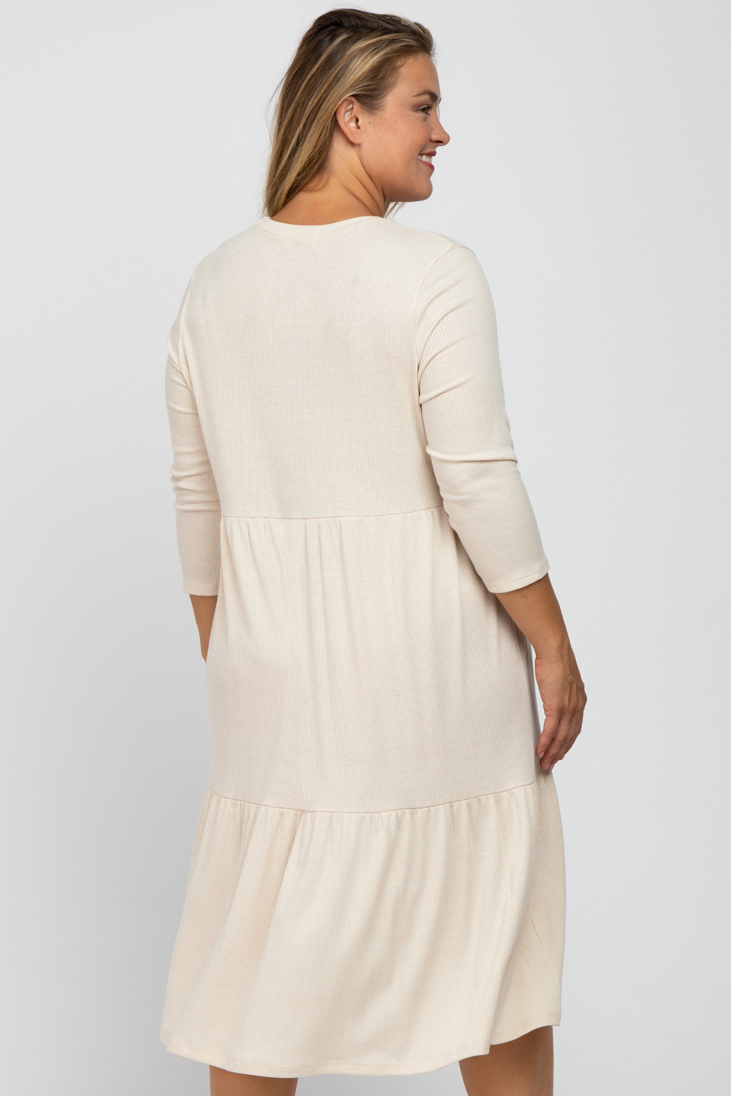 Beige Tiered Ribbed 3/4 Sleeve Plus Maternity Midi Dress sold by Pinkblush product image thumbnail 2