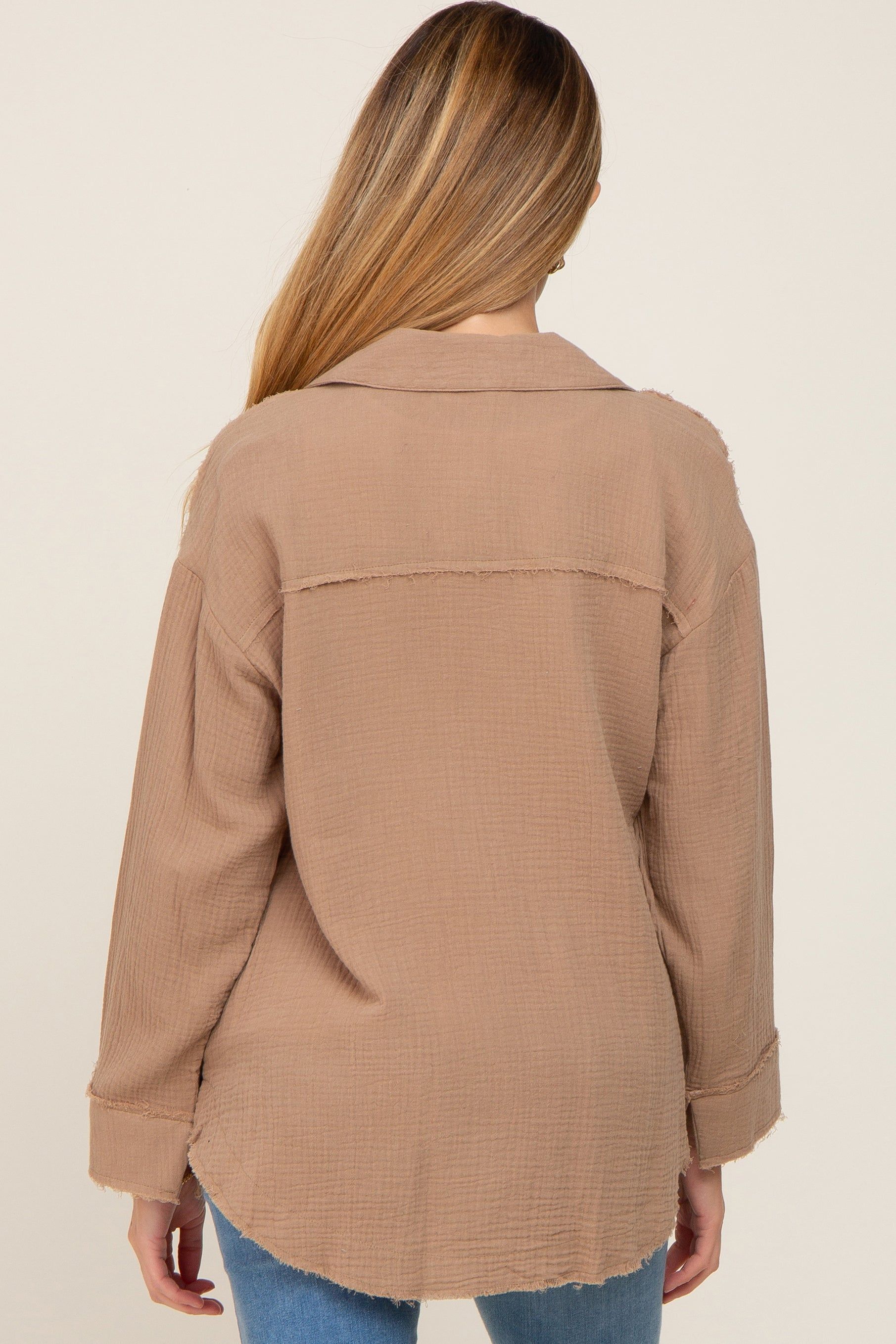 Mocha Button Down Collared Frayed Maternity Top sold by Pinkblush product image thumbnail 3