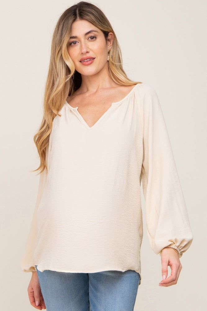 Cream Long Puff Sleeve Maternity Blouse sold by Pinkblush