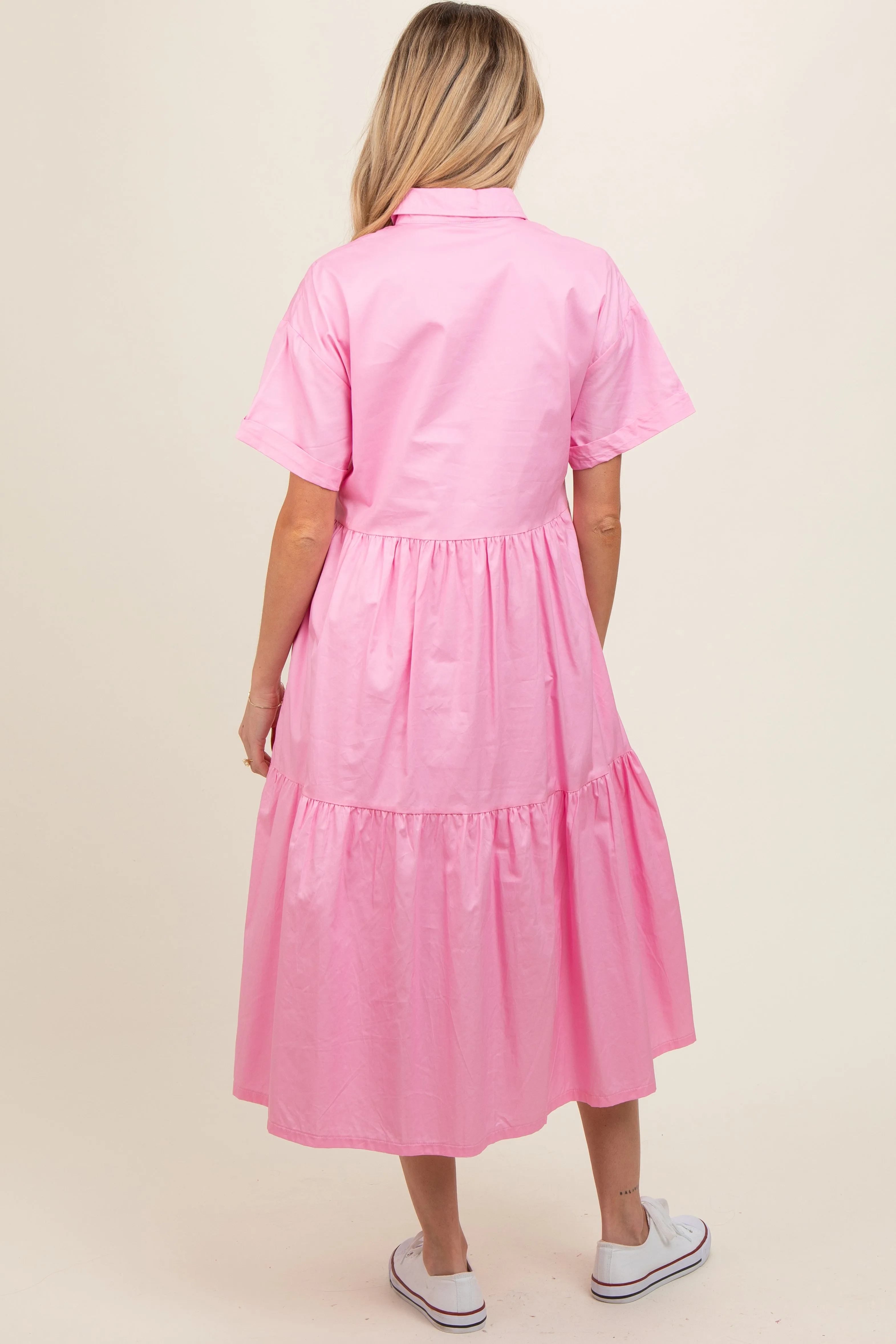 Light Pink Tiered Button Down Maternity Midi Dress sold by Pinkblush product image thumbnail 3