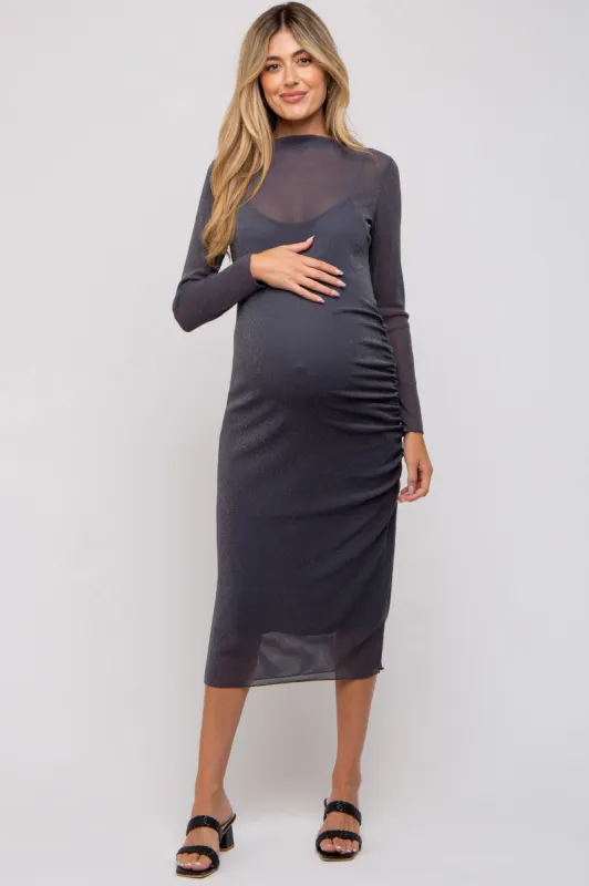 Charcoal Shimmer Mesh Long Sleeve Ruched Maternity Midi Dress sold by Pinkblush