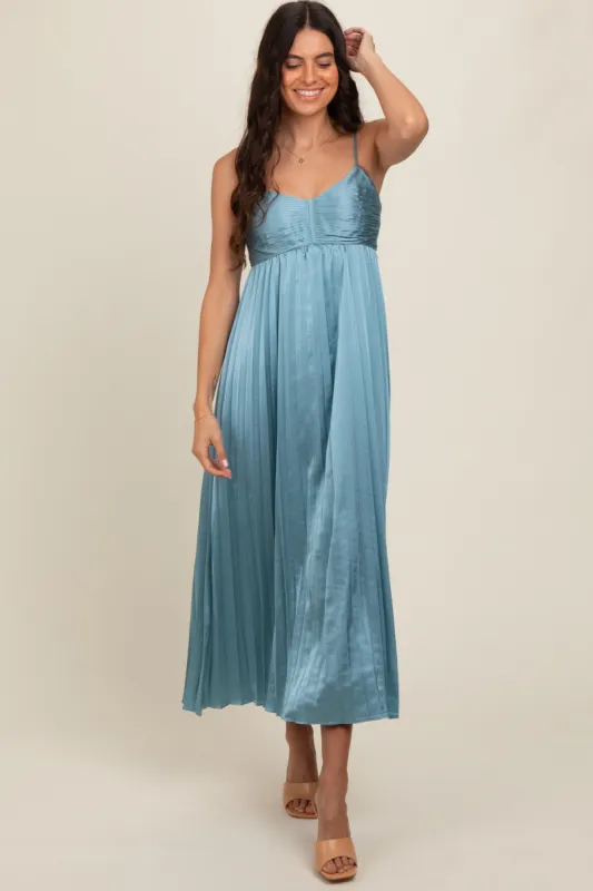 Blue Satin Pleated Midi Dress sold by Pinkblush