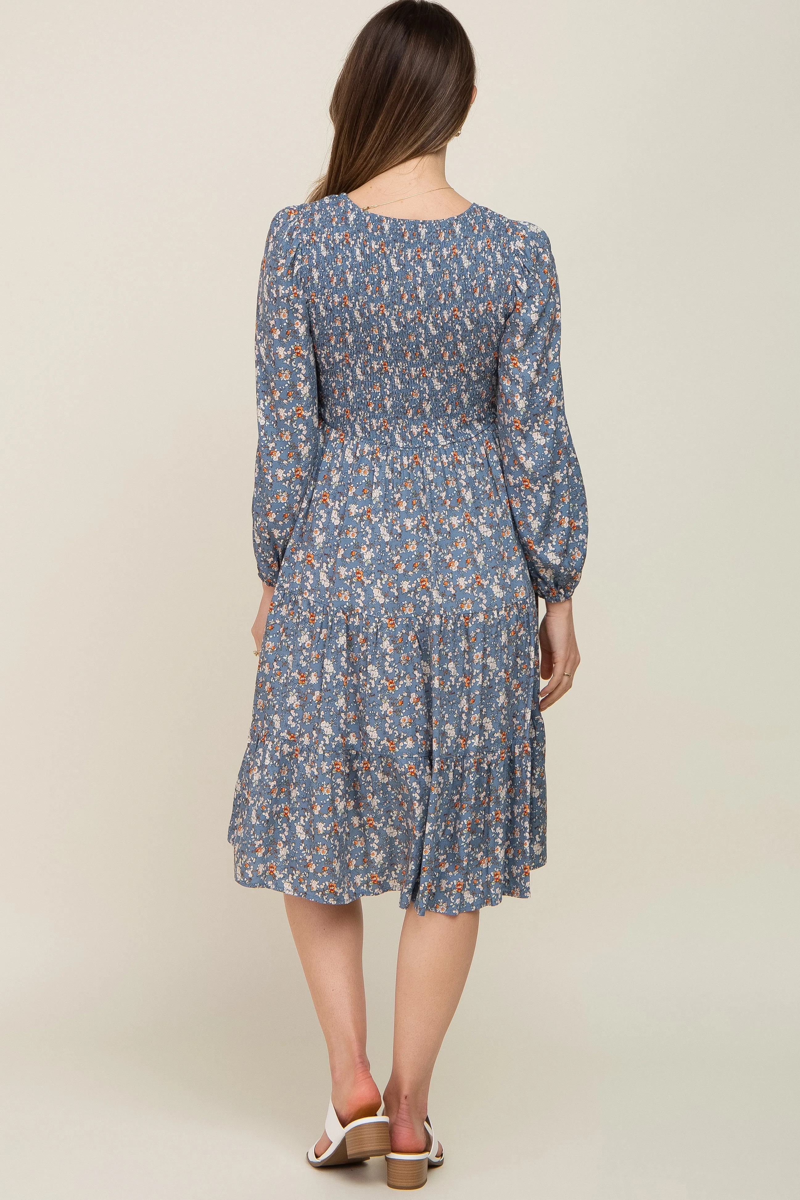 Blue Floral Smocked 3/4 Sleeve Tiered Maternity Midi Dress sold by Pinkblush product image thumbnail 3