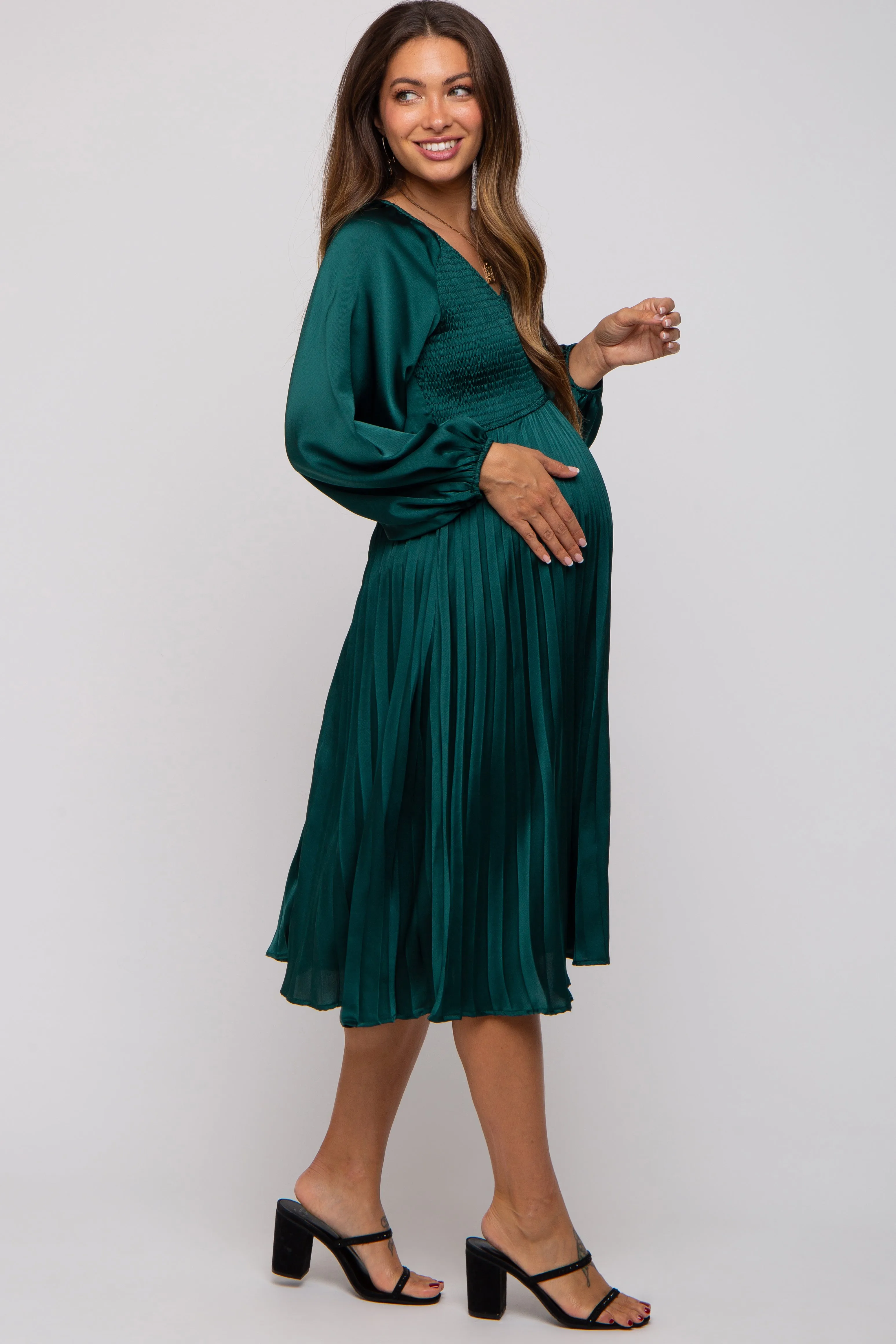 Forest Green Satin Smocked and Pleated Maternity Midi Dress sold by Pinkblush product image thumbnail 2