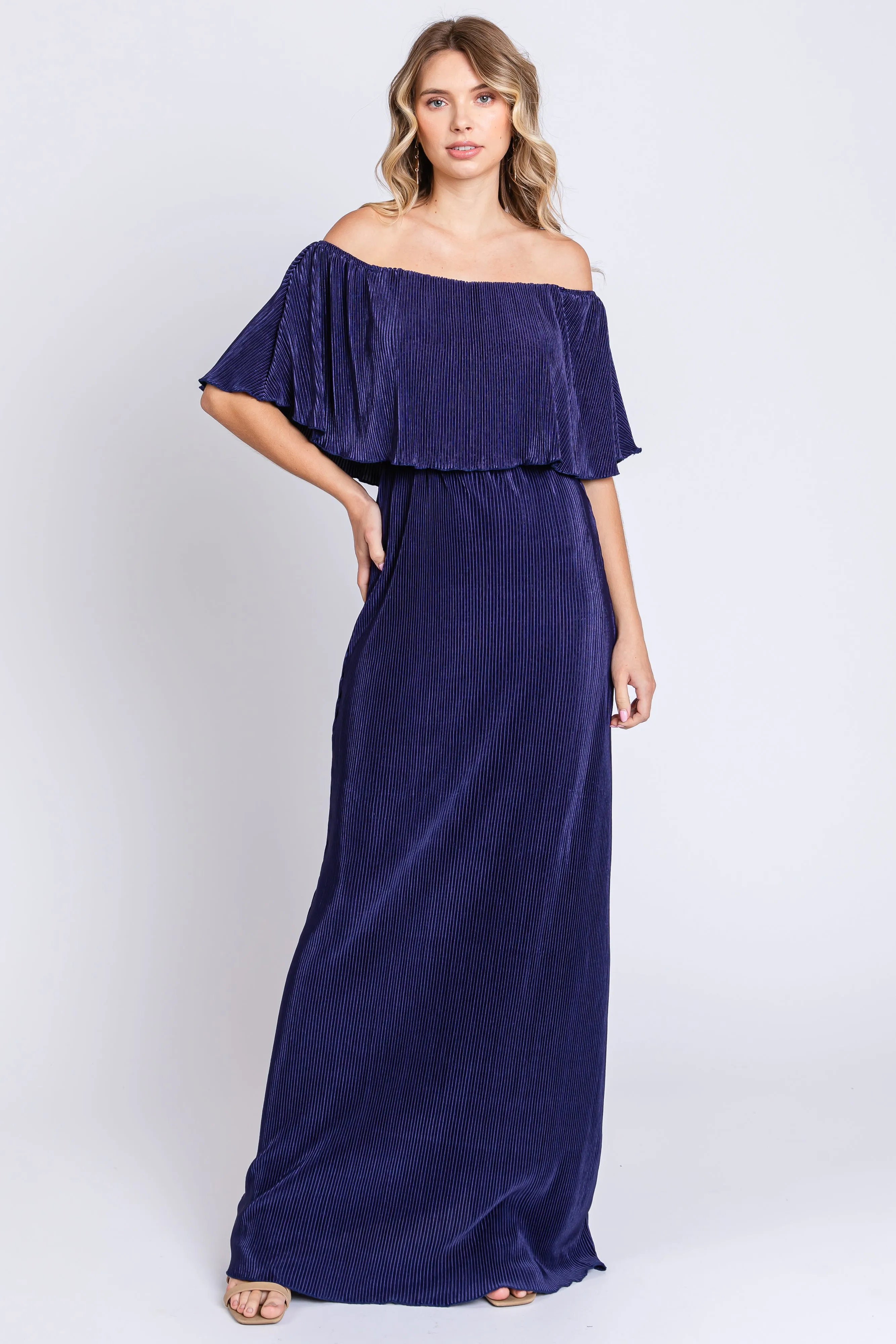 Navy Pleated Ruffle Off Shoulder Maternity Maxi Dress sold by Pinkblush product image thumbnail 4