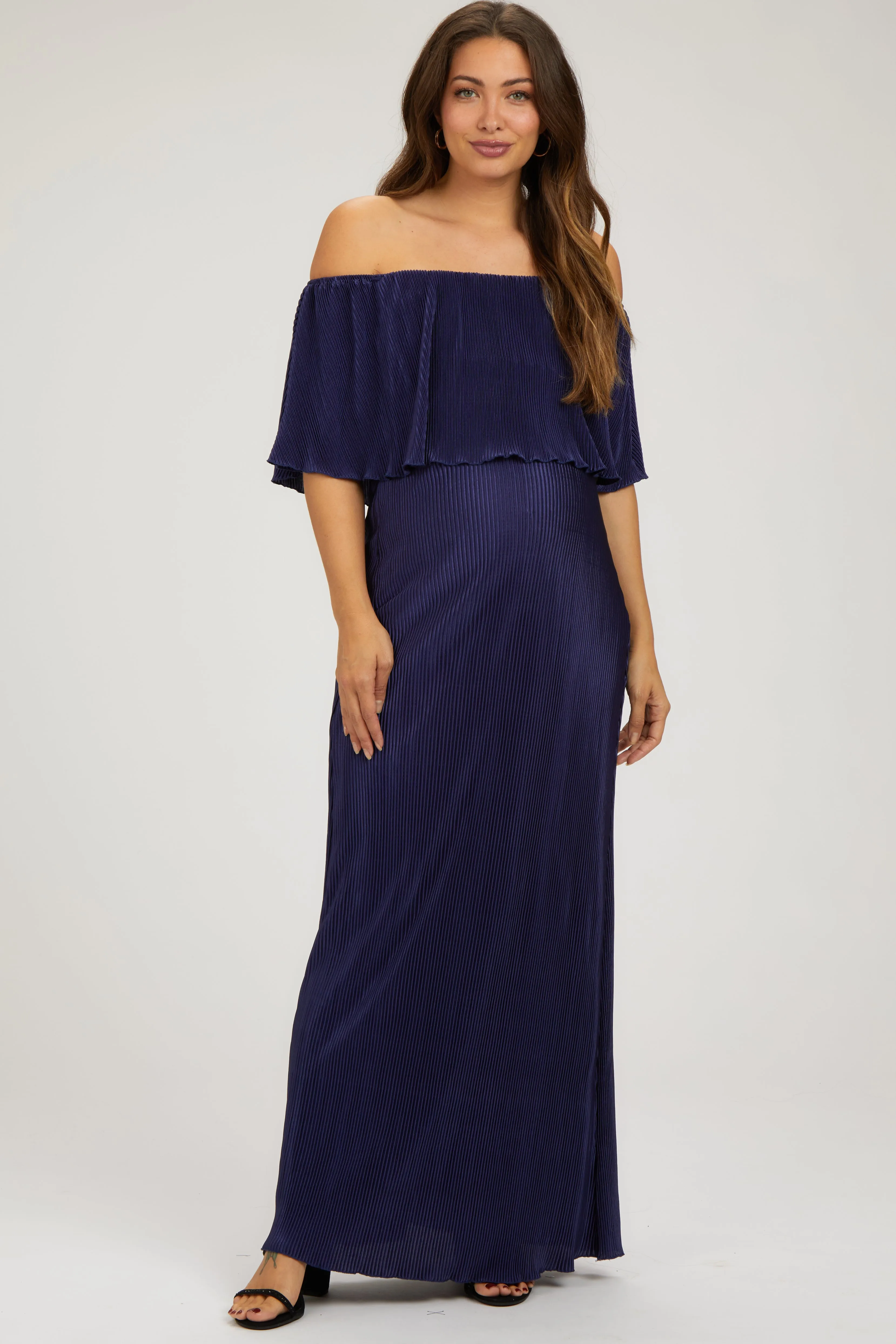 Navy Pleated Ruffle Off Shoulder Maternity Maxi Dress sold by Pinkblush
