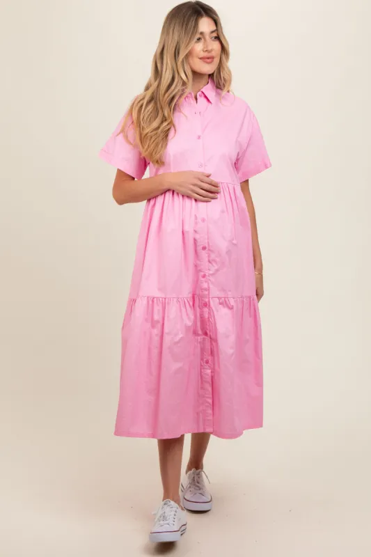Light Pink Tiered Button Down Maternity Midi Dress sold by Pinkblush