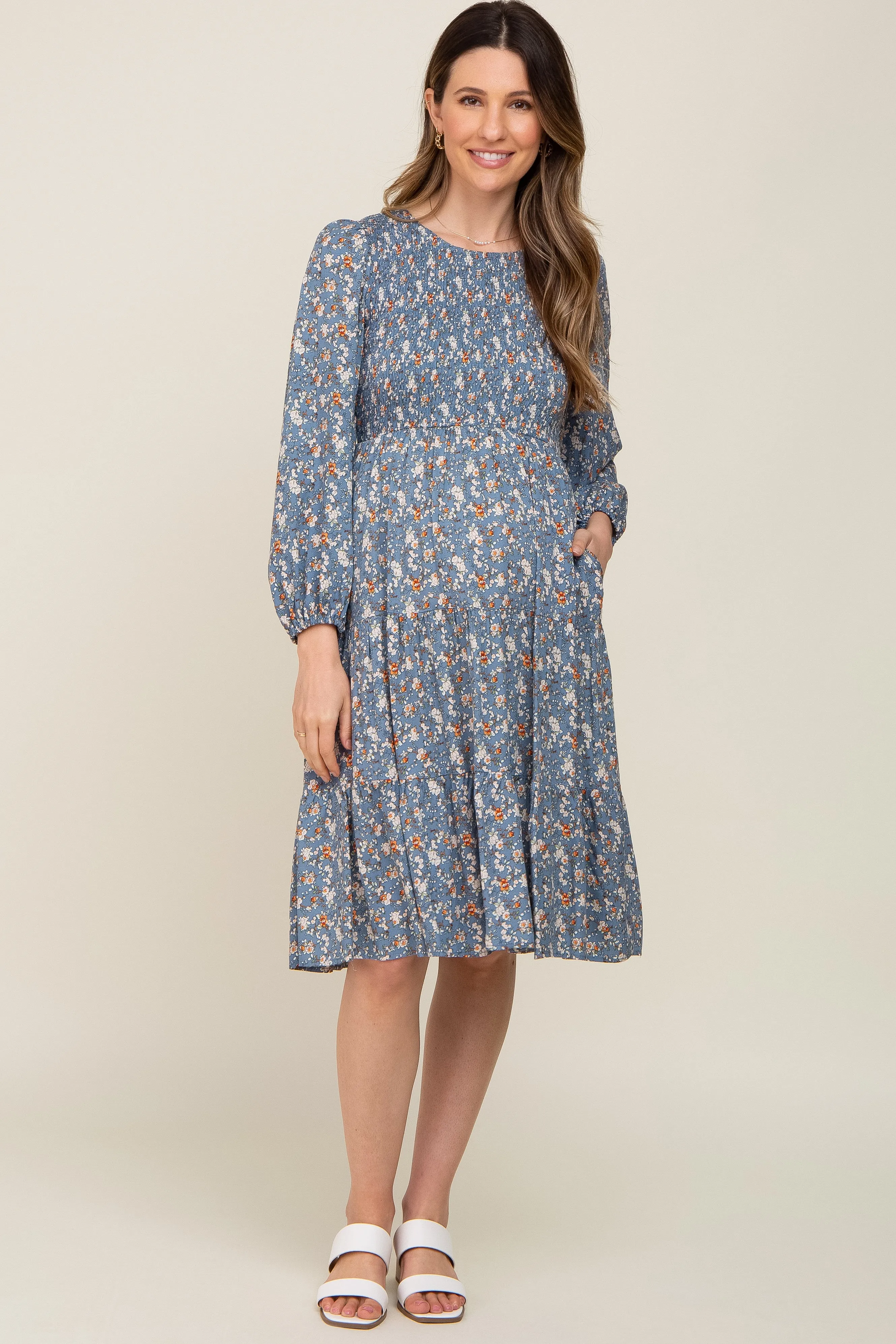 Blue Floral Smocked 3/4 Sleeve Tiered Maternity Midi Dress sold by Pinkblush product image thumbnail 4