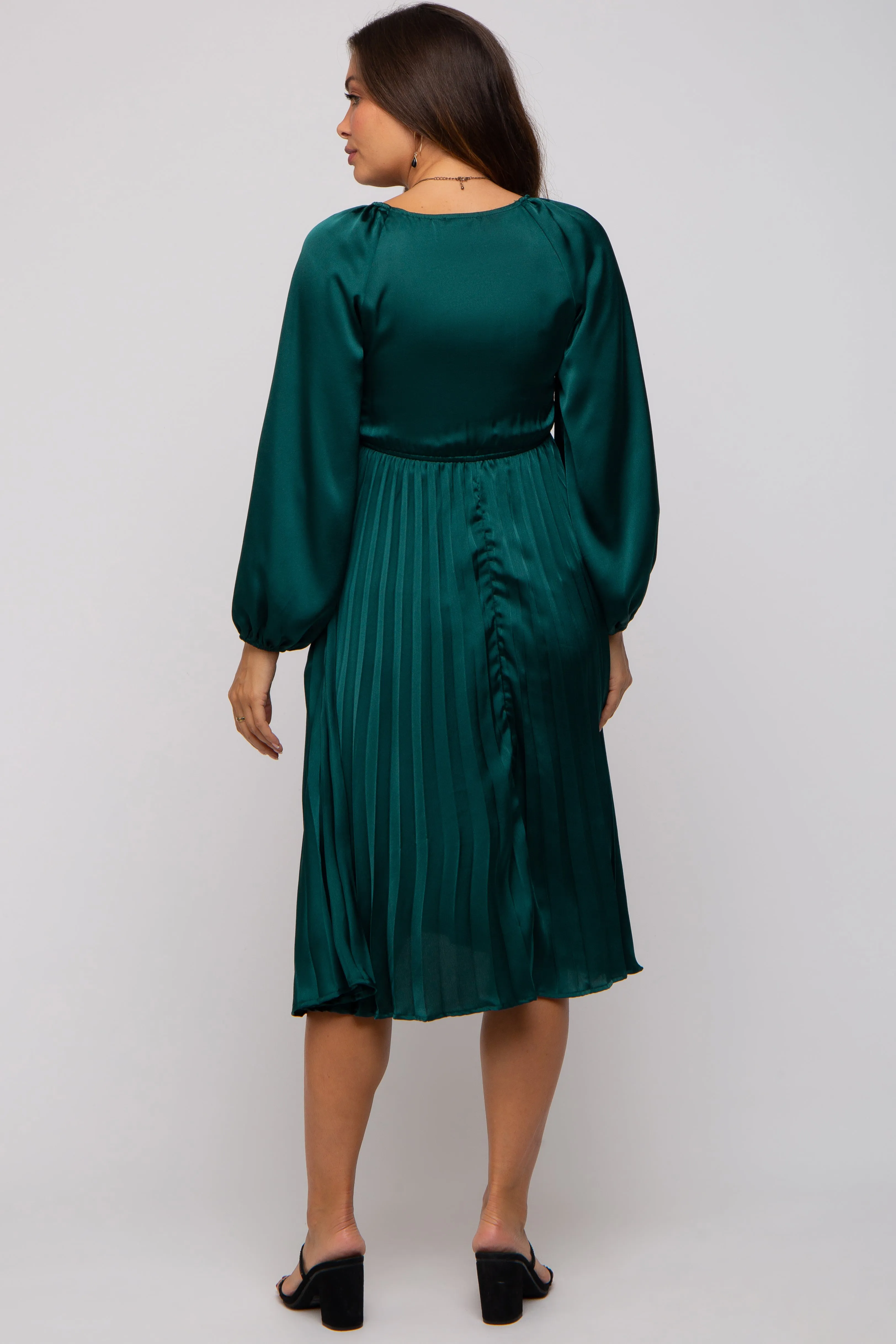 Forest Green Satin Smocked and Pleated Maternity Midi Dress sold by Pinkblush product image thumbnail 3