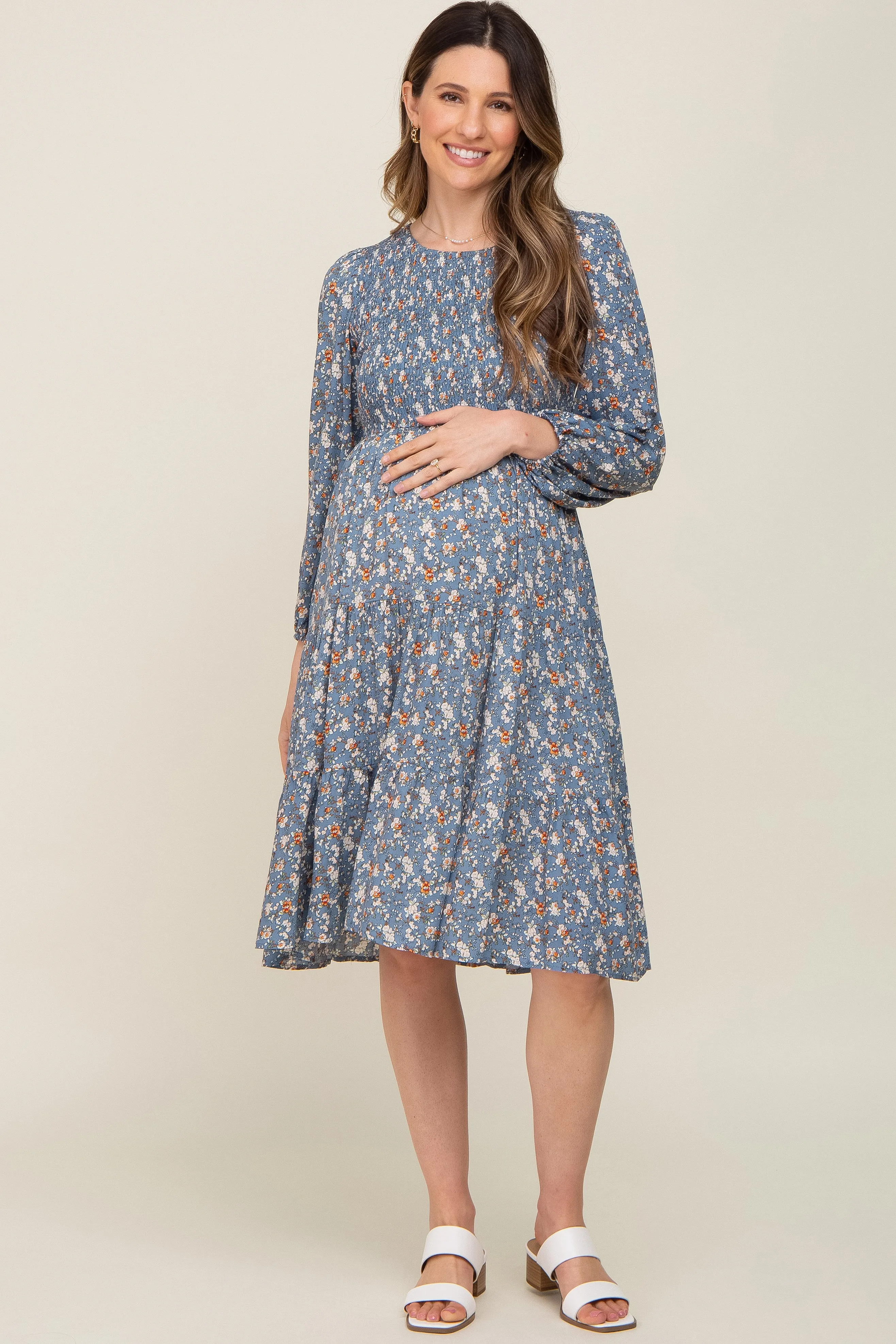 Blue Floral Smocked 3/4 Sleeve Tiered Maternity Midi Dress sold by Pinkblush