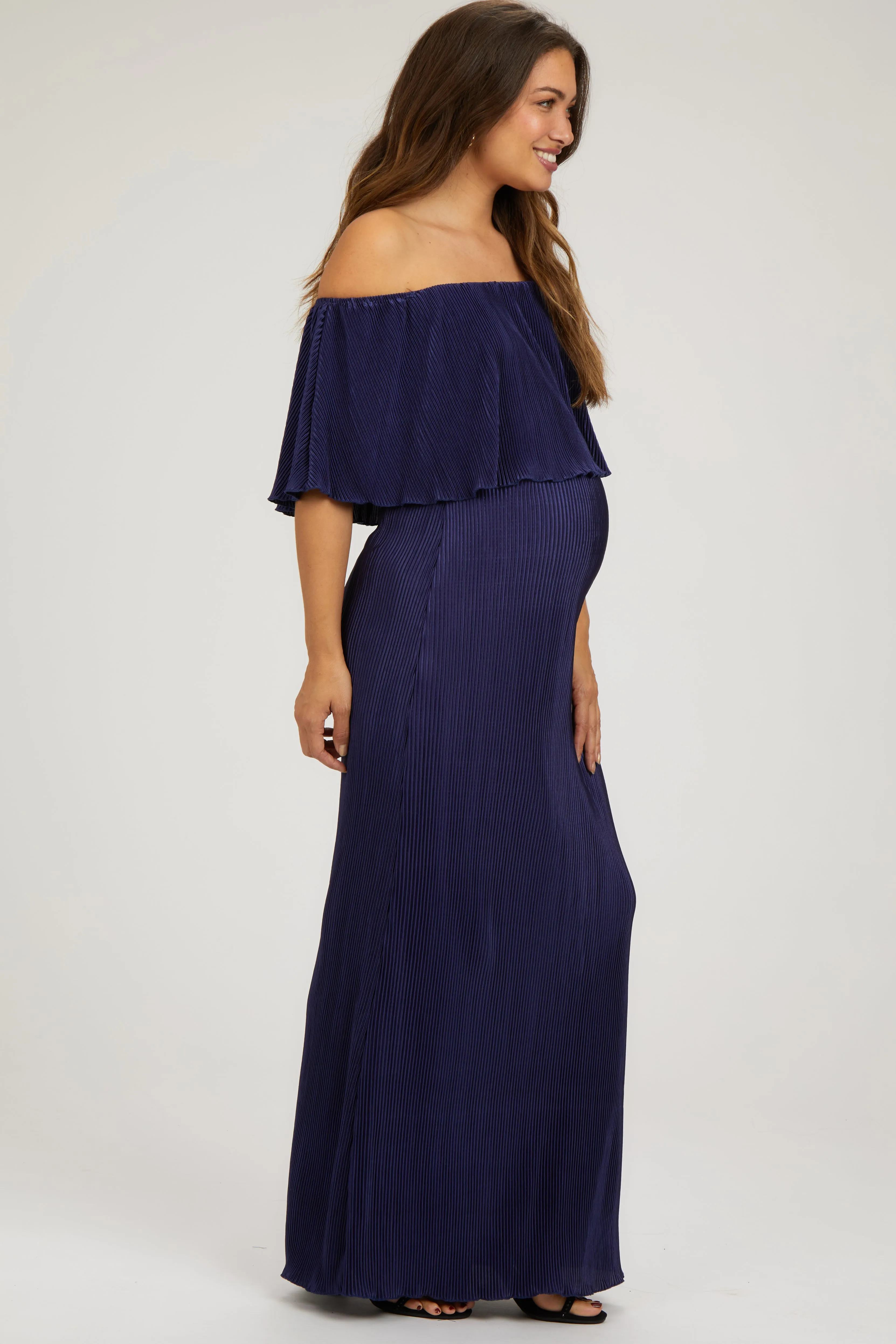 Navy Pleated Ruffle Off Shoulder Maternity Maxi Dress sold by Pinkblush product image thumbnail 2
