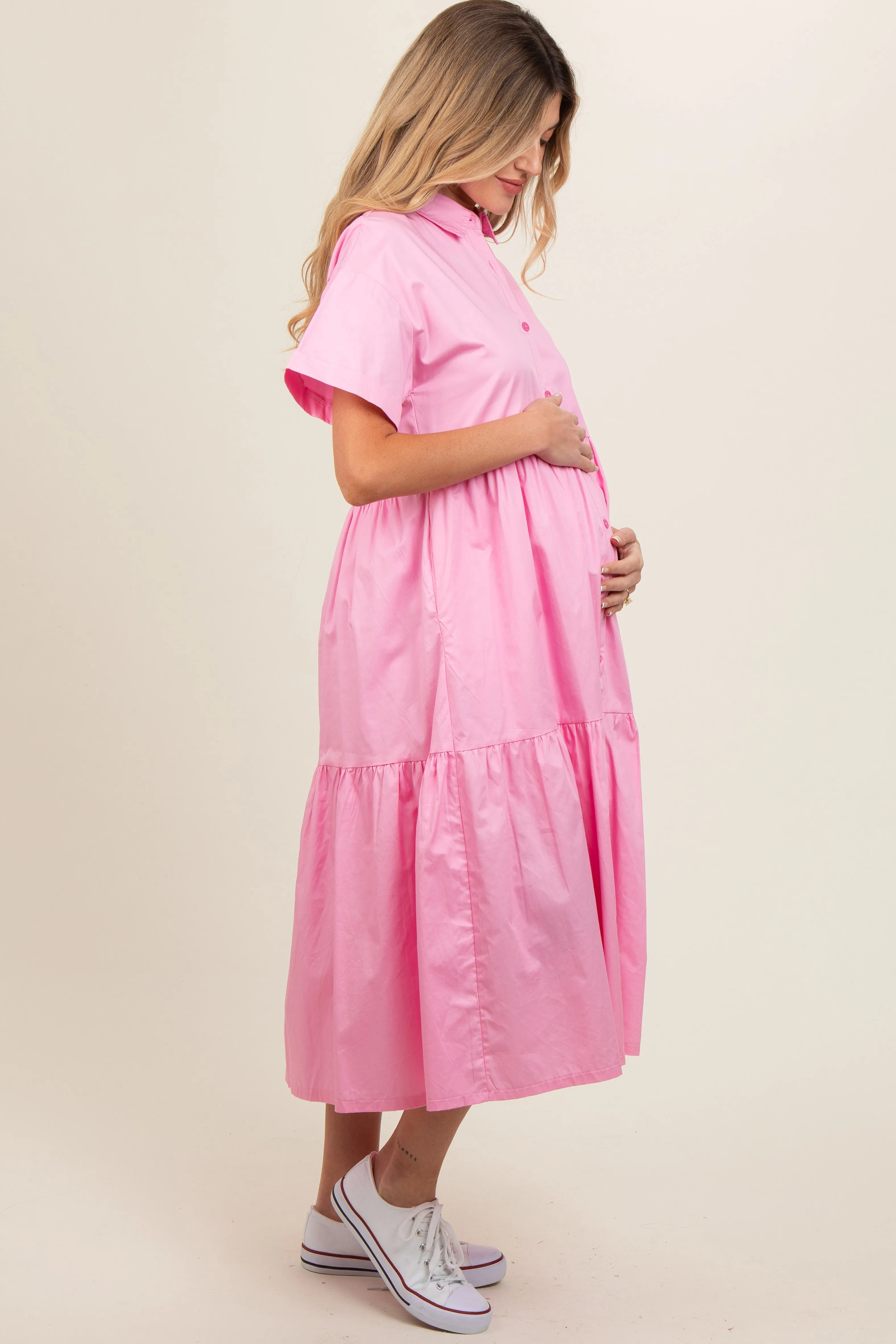 Light Pink Tiered Button Down Maternity Midi Dress sold by Pinkblush product image thumbnail 2