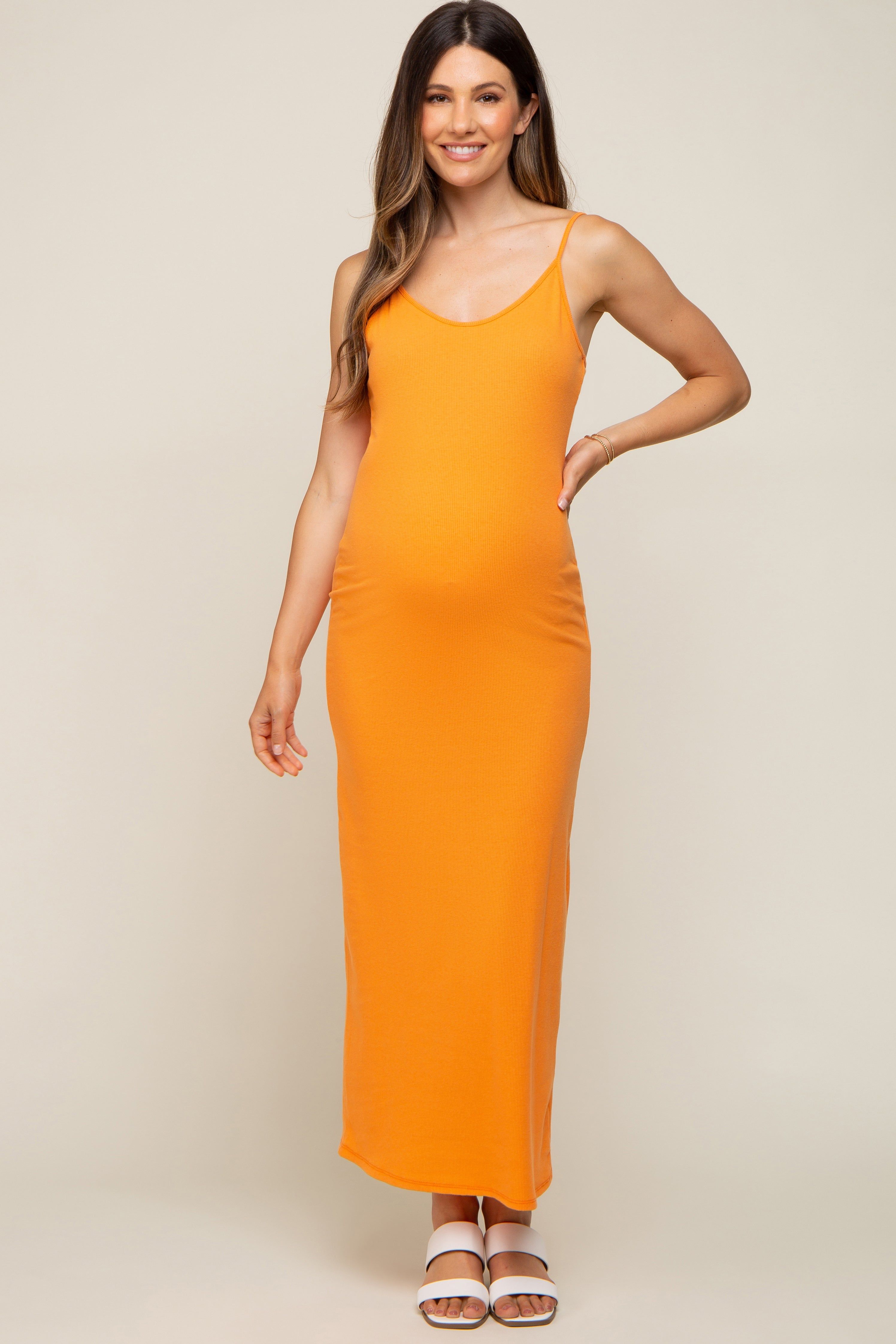 Orange Ribbed Sleeveless Maternity Maxi Dress sold by Pinkblush product image thumbnail 5