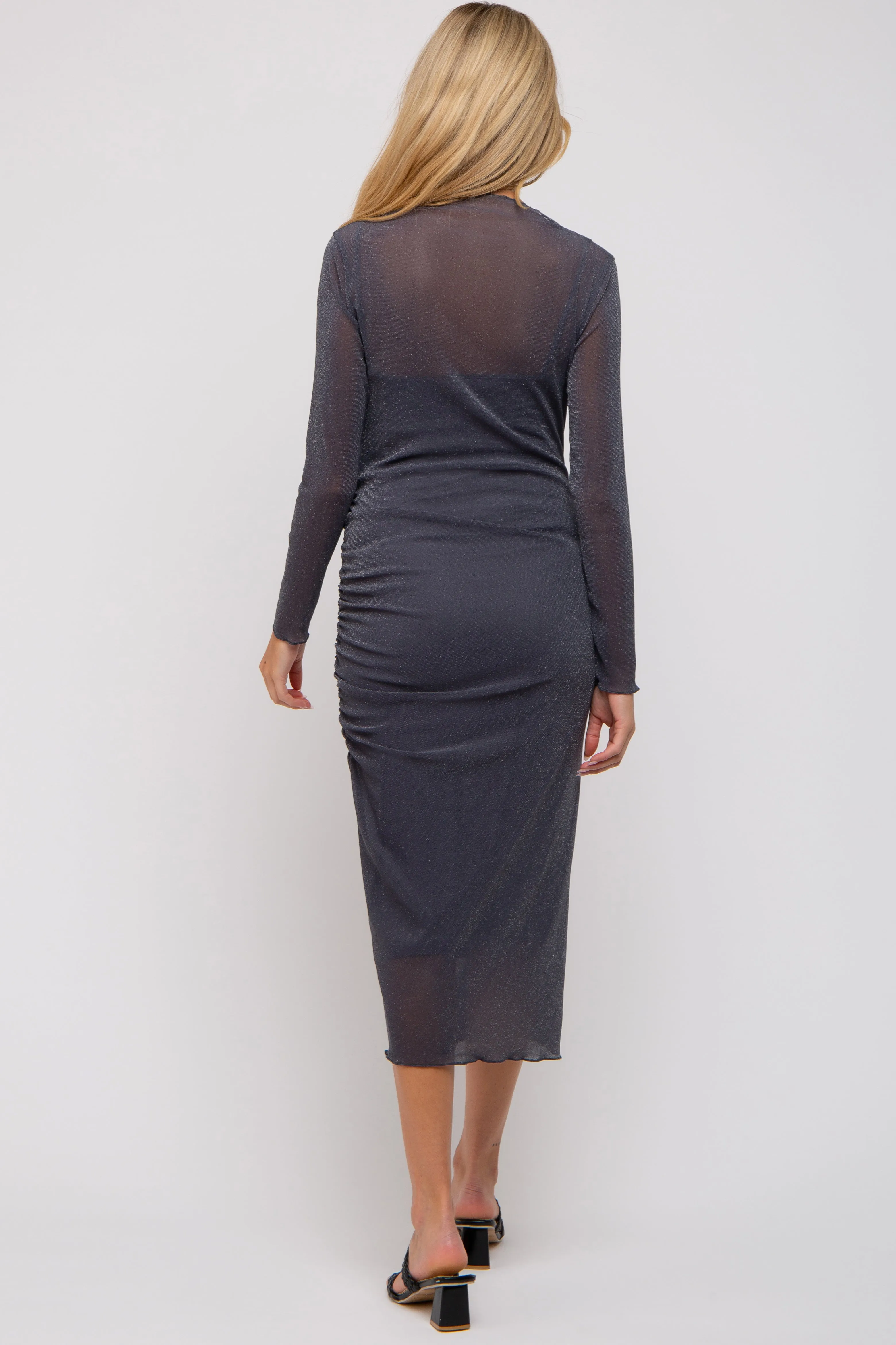 Charcoal Shimmer Mesh Long Sleeve Ruched Maternity Midi Dress sold by Pinkblush product image thumbnail 3