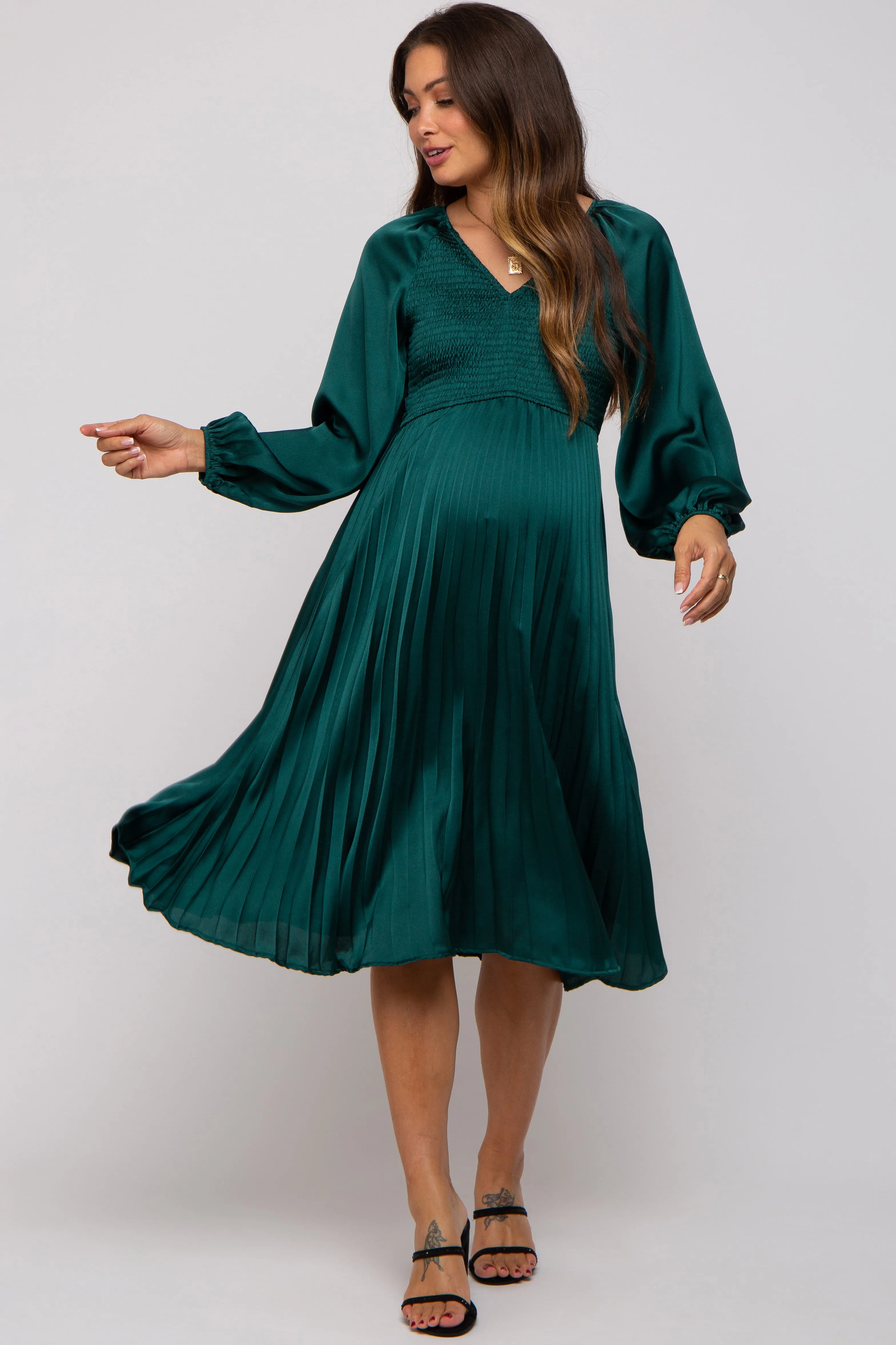 Forest Green Satin Smocked and Pleated Maternity Midi Dress sold by Pinkblush