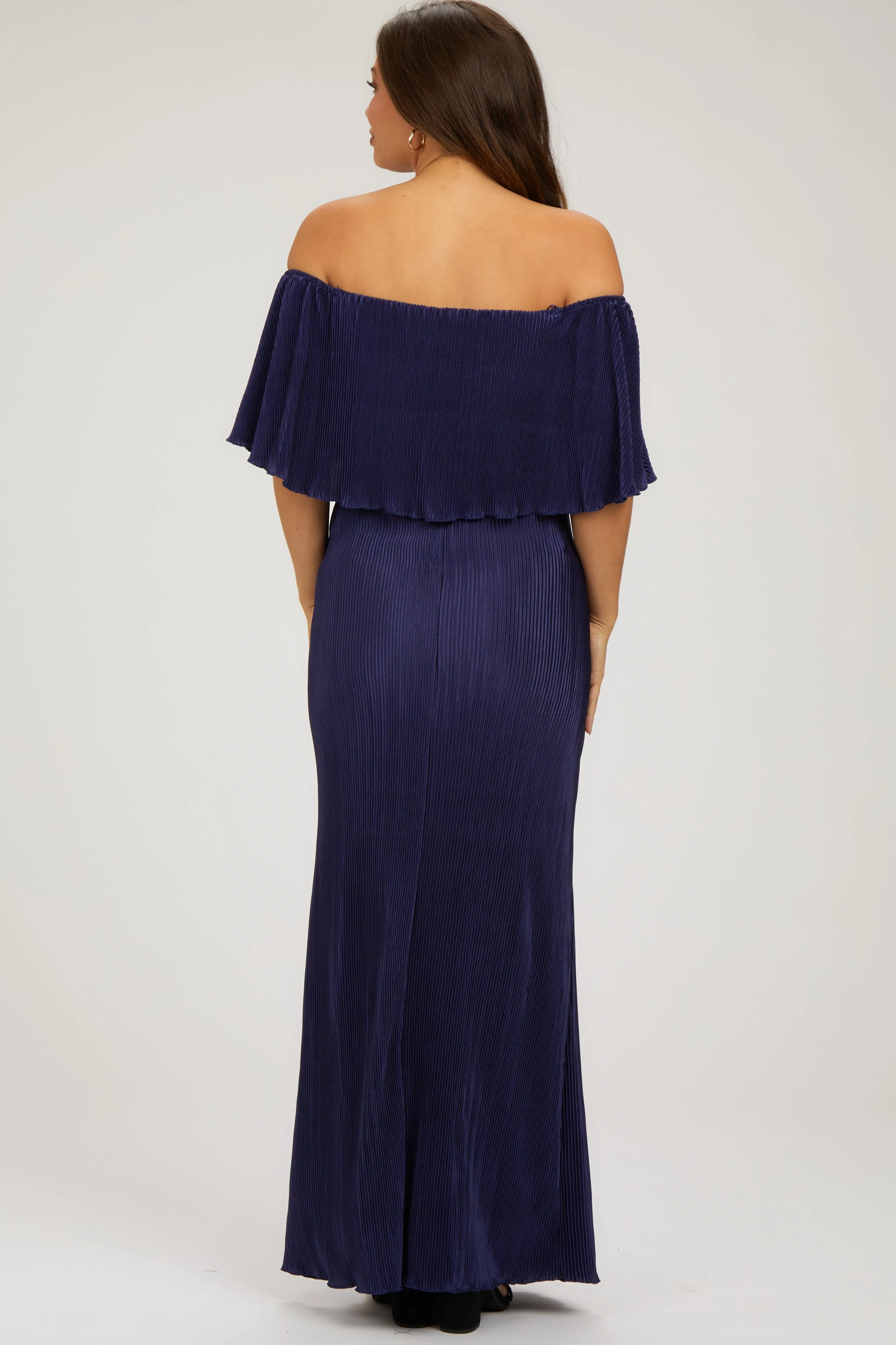 Navy Pleated Ruffle Off Shoulder Maternity Maxi Dress sold by Pinkblush product image thumbnail 3