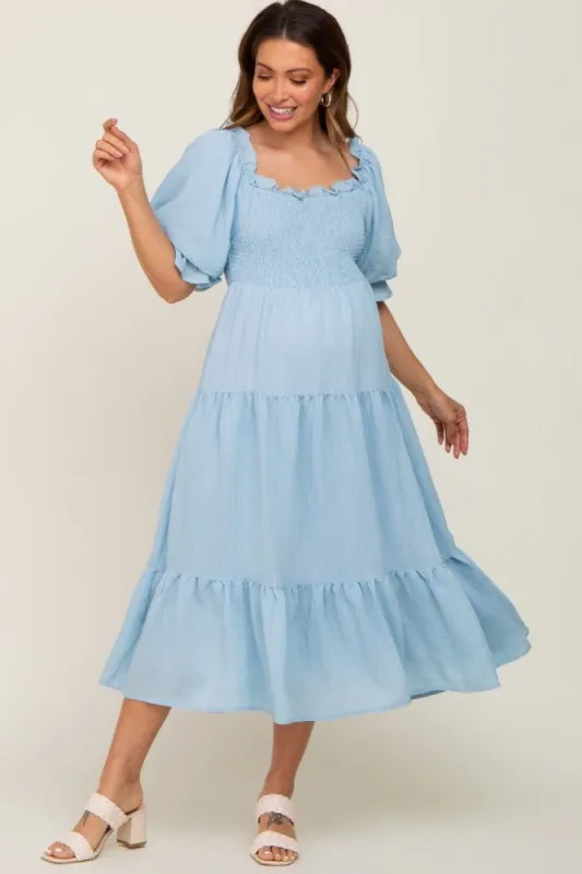 Light Blue Smocked Puff Sleeve Maternity Midi Dress sold by Pinkblush